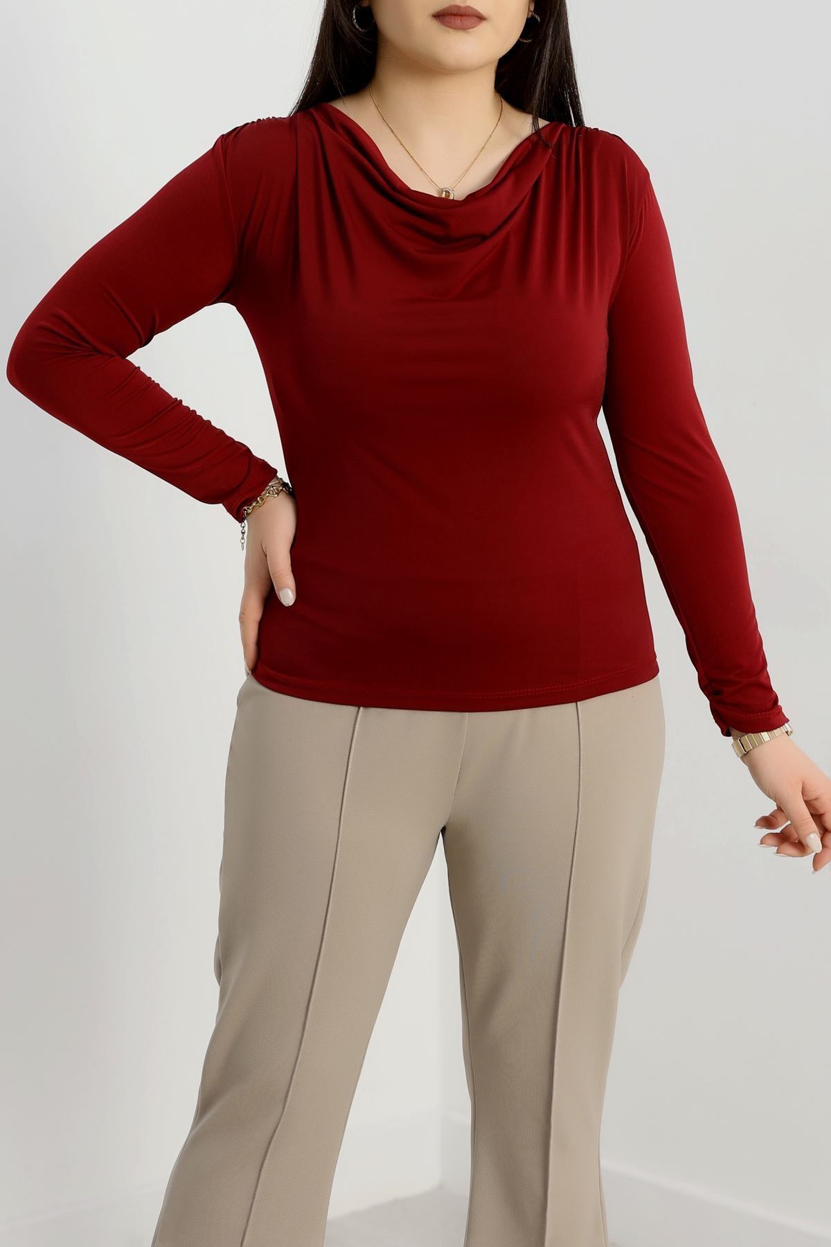 Degaje Yaka Büyük Beden Sandy Bluz Bordo - 70770.1949.