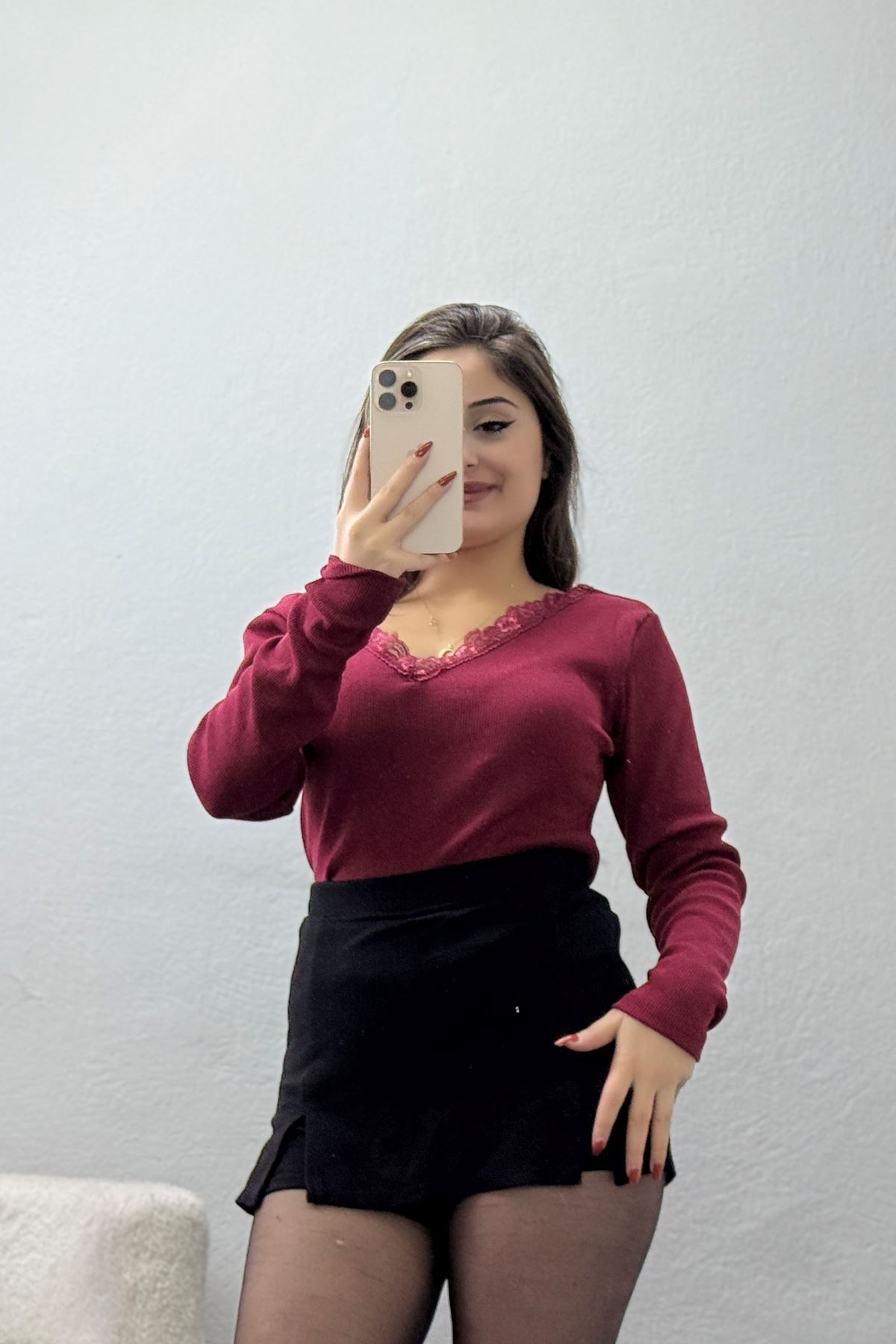 V Yaka Dantelli Kaşkorse Body Bordo - 70788.599.