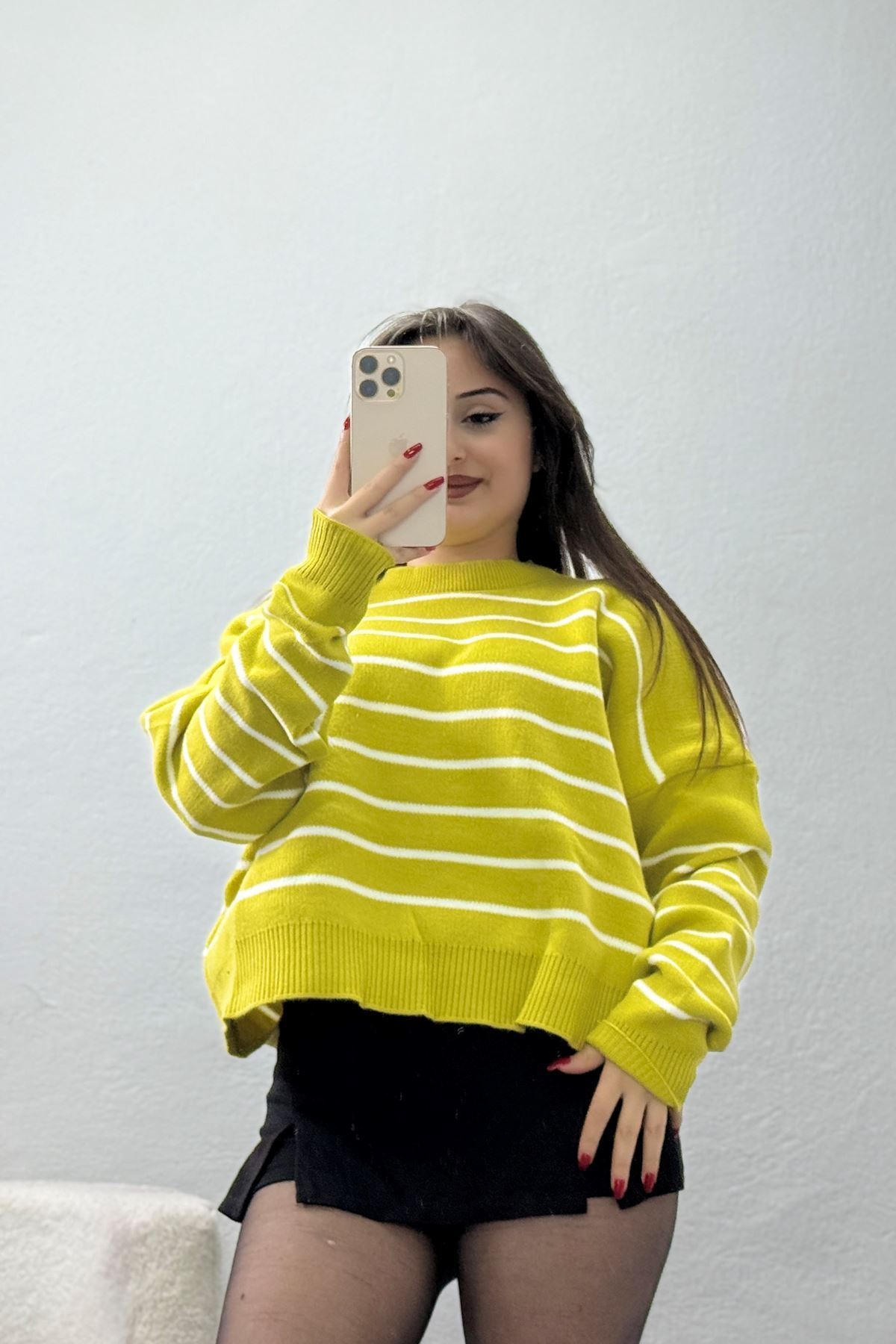 Çizgili Bisiklet Yaka Triko Yağyeşilibeyaz - 3099.1577.