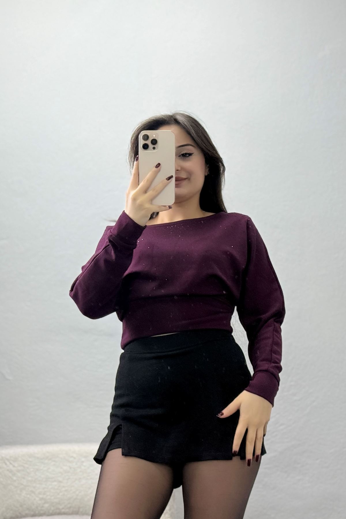 Taş Detay Kayık Yaka Bluz Mürdüm - 4129.1247.