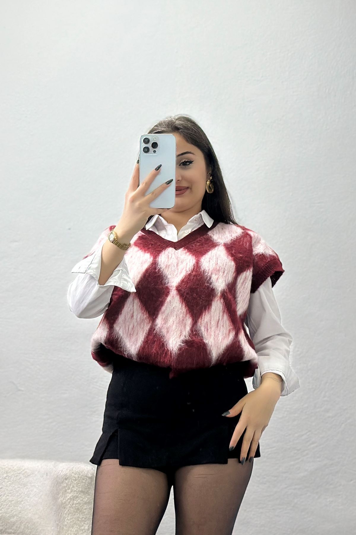 Baklava Desenli Süveter Bordo - 2409.1765.