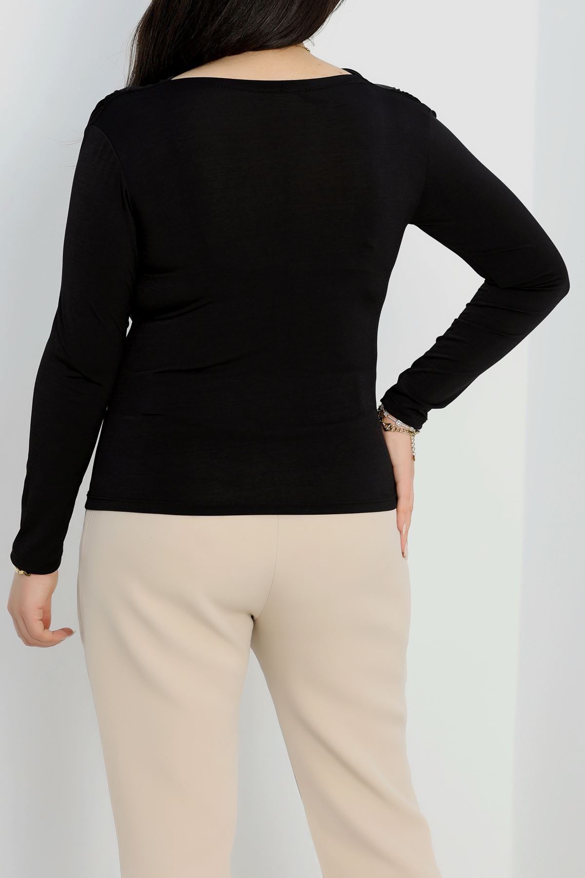 Degaje Yaka Büyük Beden Sandy Bluz Siyah - 70770.1949.