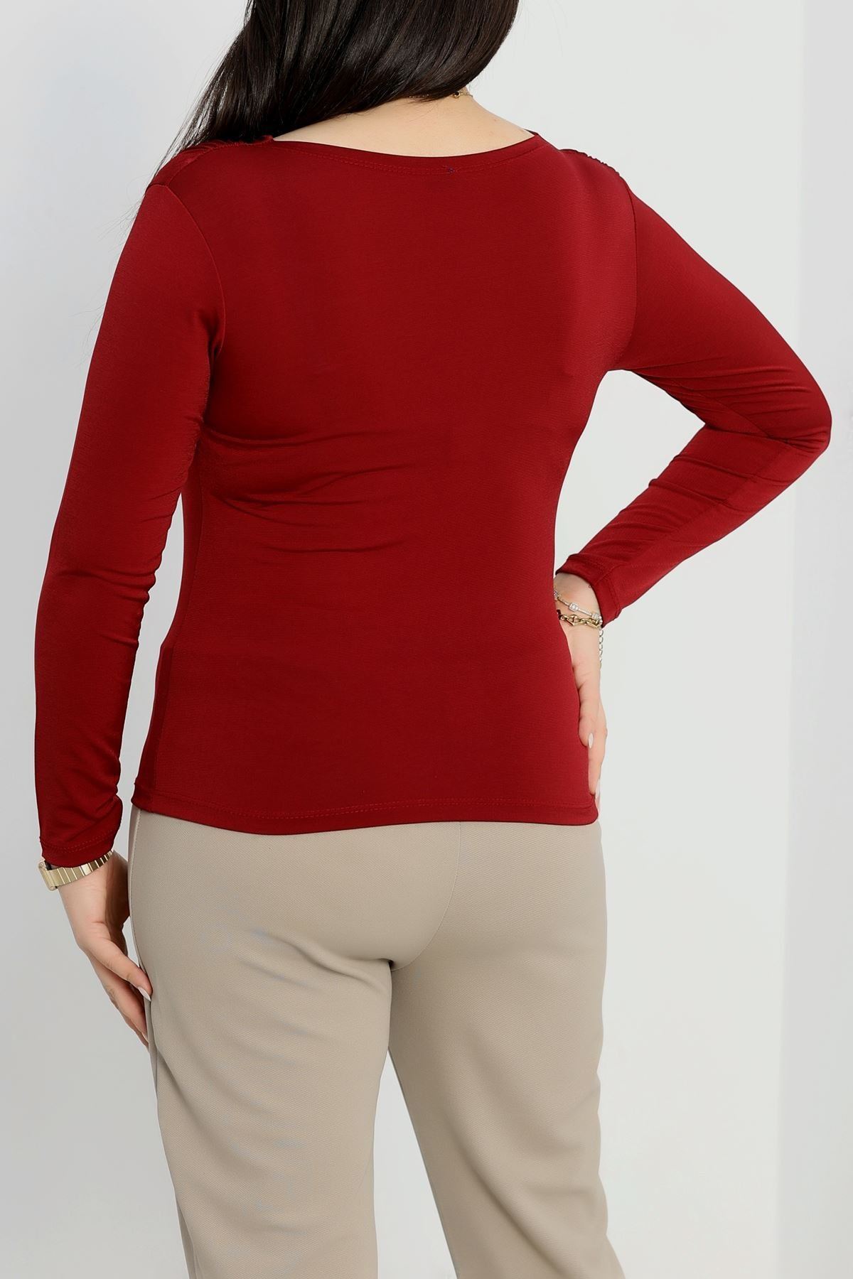 Degaje Yaka Büyük Beden Sandy Bluz Bordo - 70770.1949.