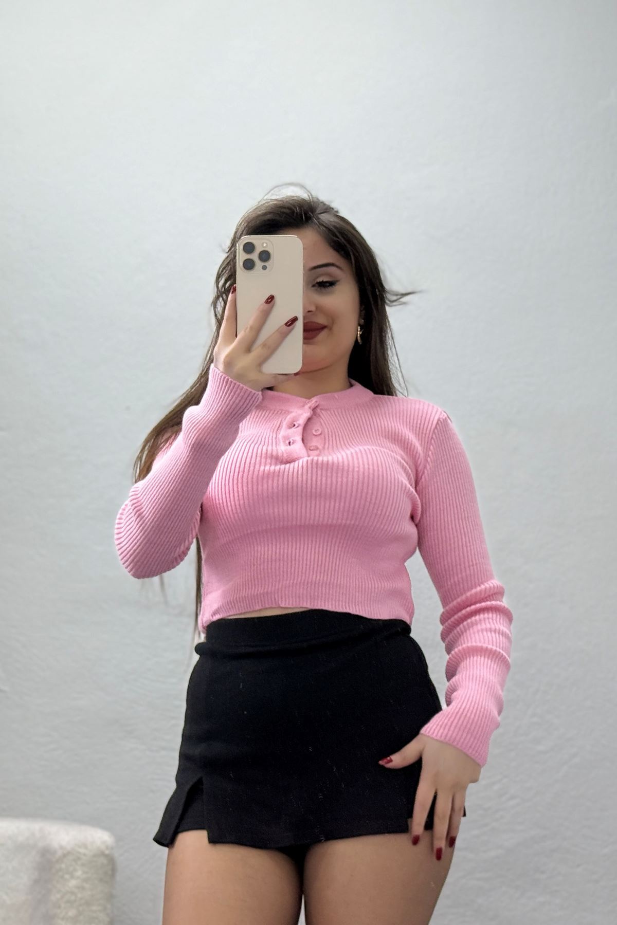 Düğmeli Triko Pembe - 42697.2043.