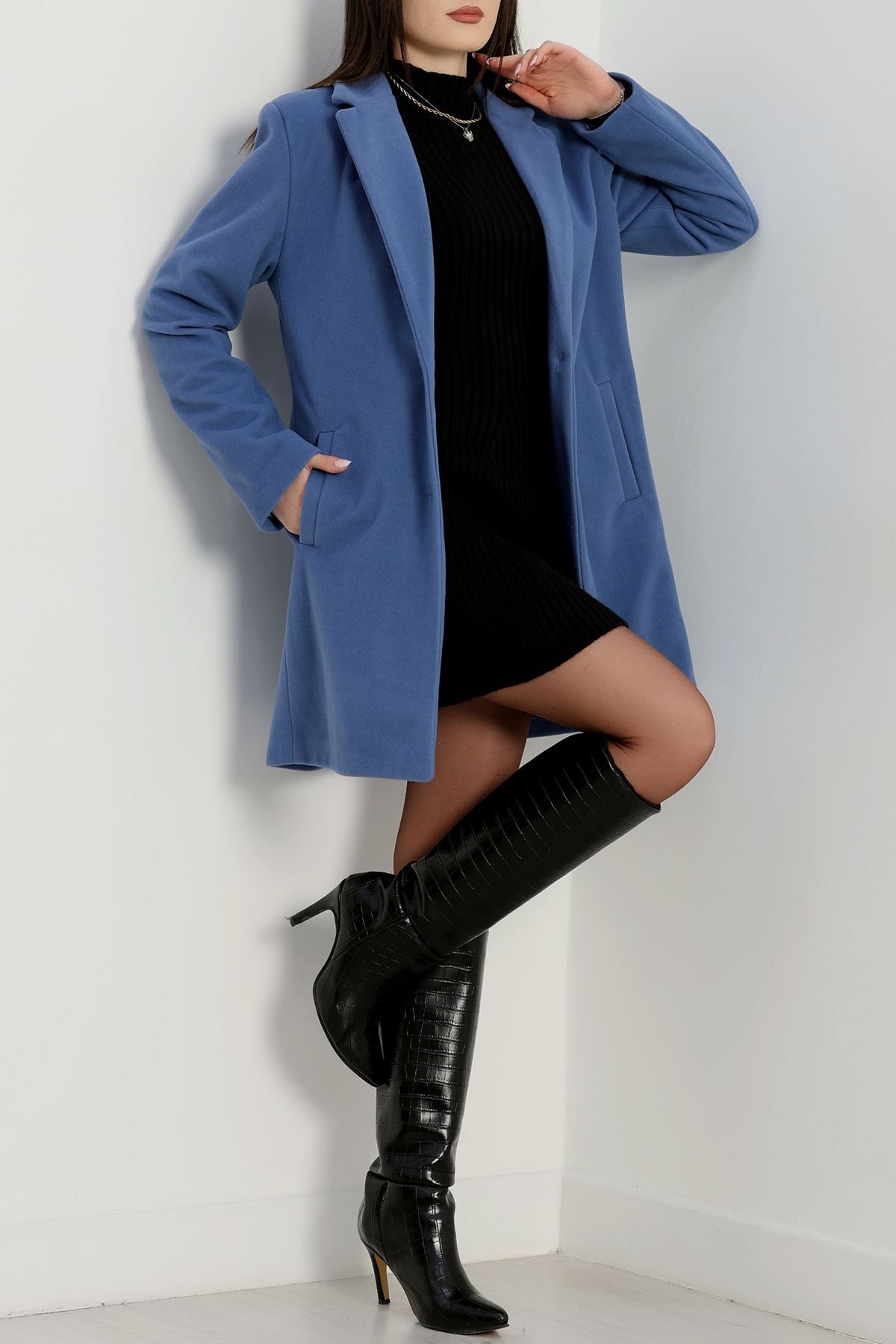 85 Cm Astarlı Kaşe Kaban İndigo - 90037.1839.