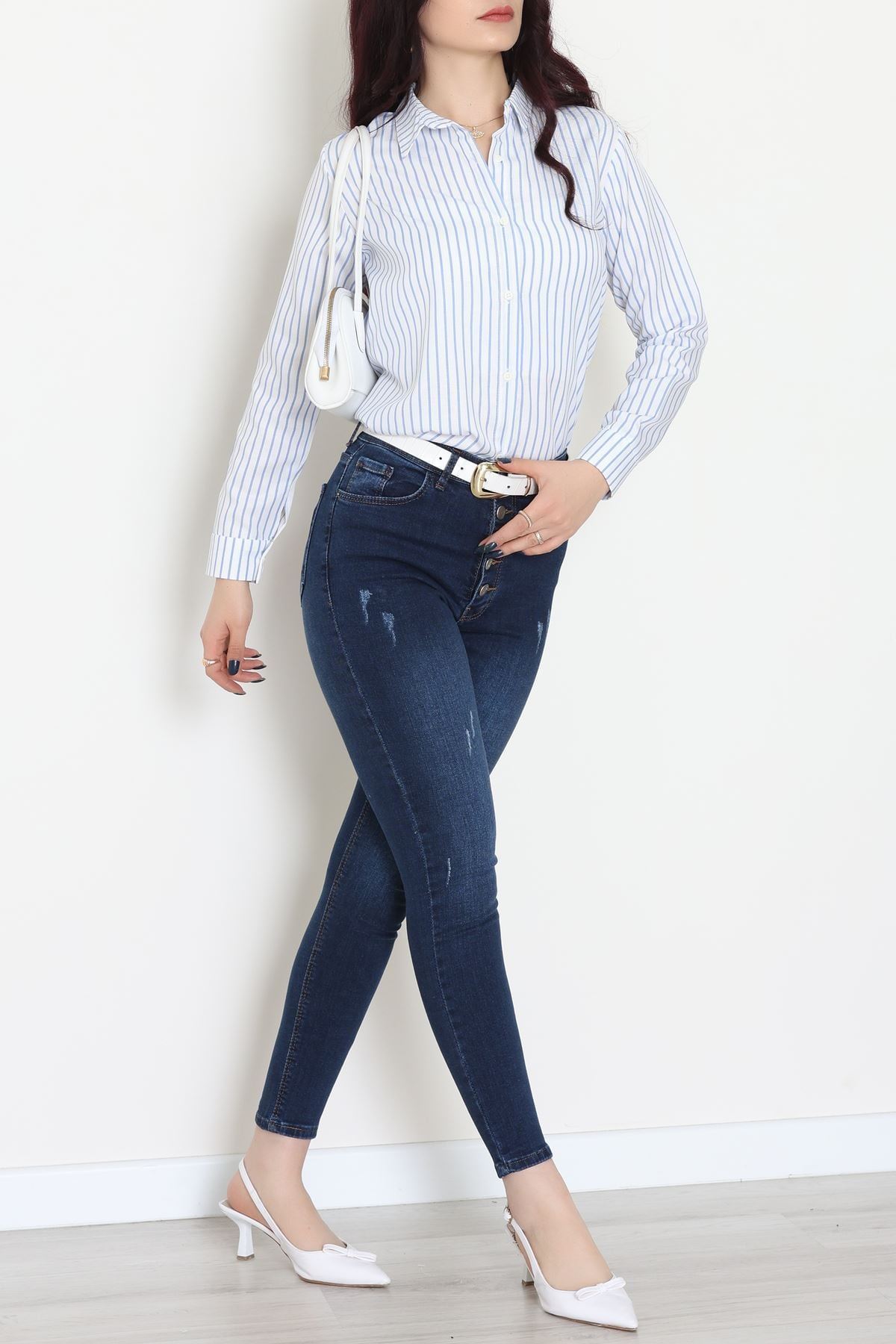 Pamuk Polyester Çizgili Gömlek Açıkmavibeyaz3 - 51064.147.