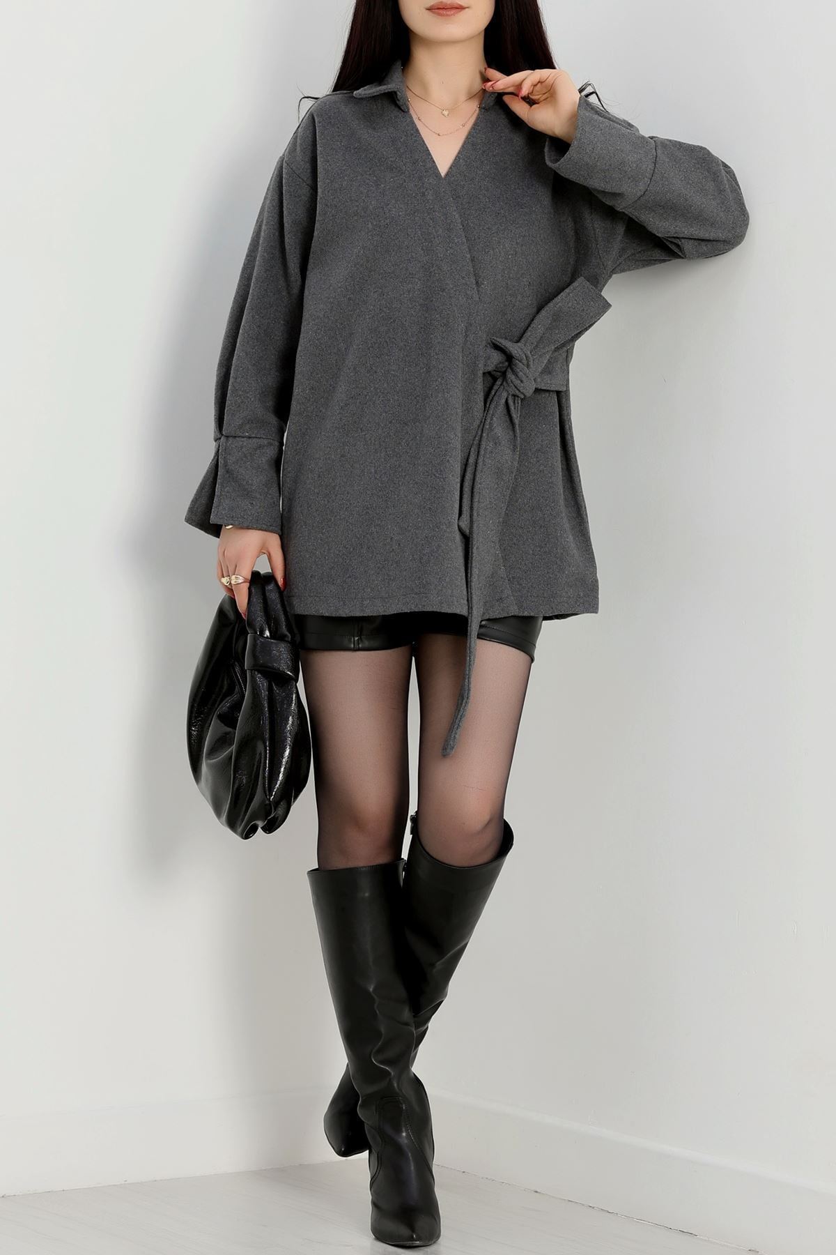 Bağlamalı Kruvaze Yaka Kaşe Ceket Antrasit - 70993.1775.
