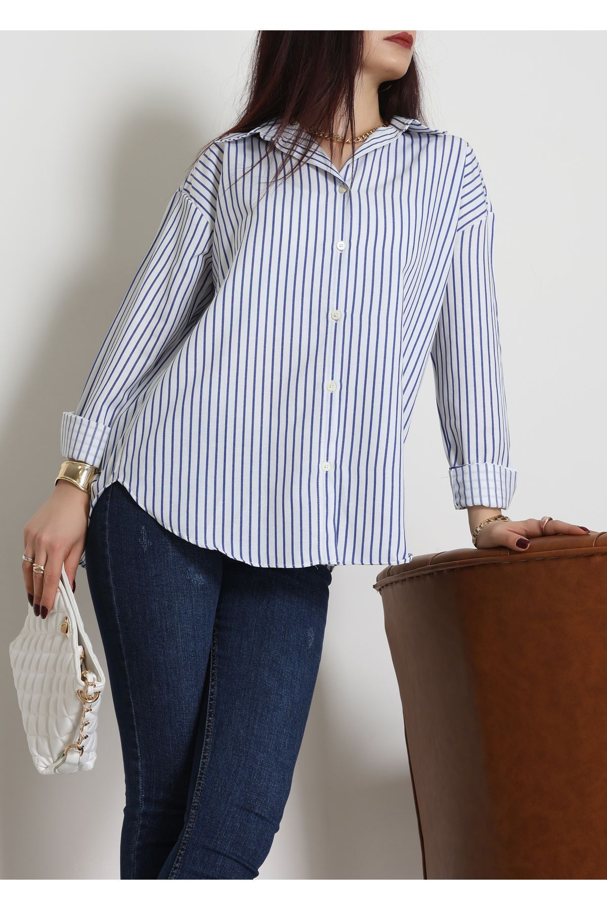 Pamuk Polyester Çizgili Oversize Gömlek Laciçizgili - 51052.147.