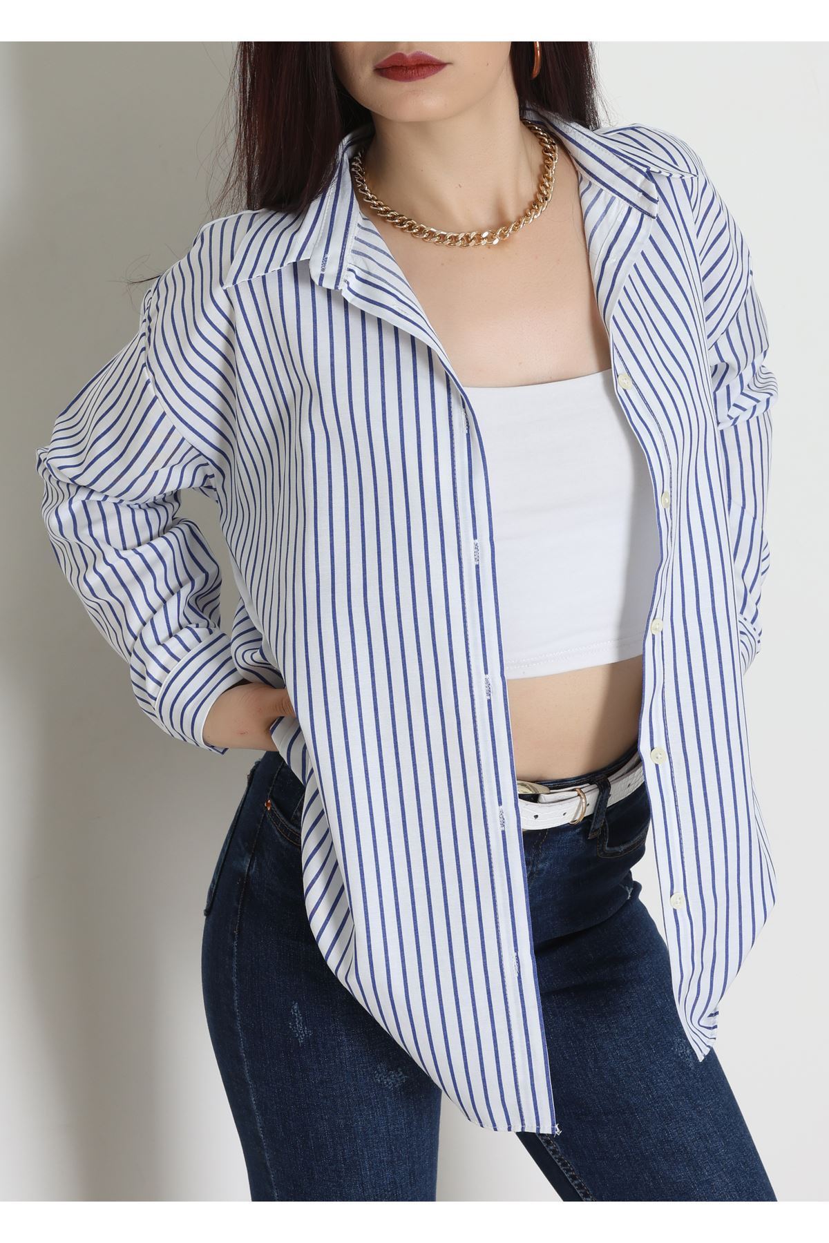 Pamuk Polyester Çizgili Oversize Gömlek Laciçizgili - 51052.147.