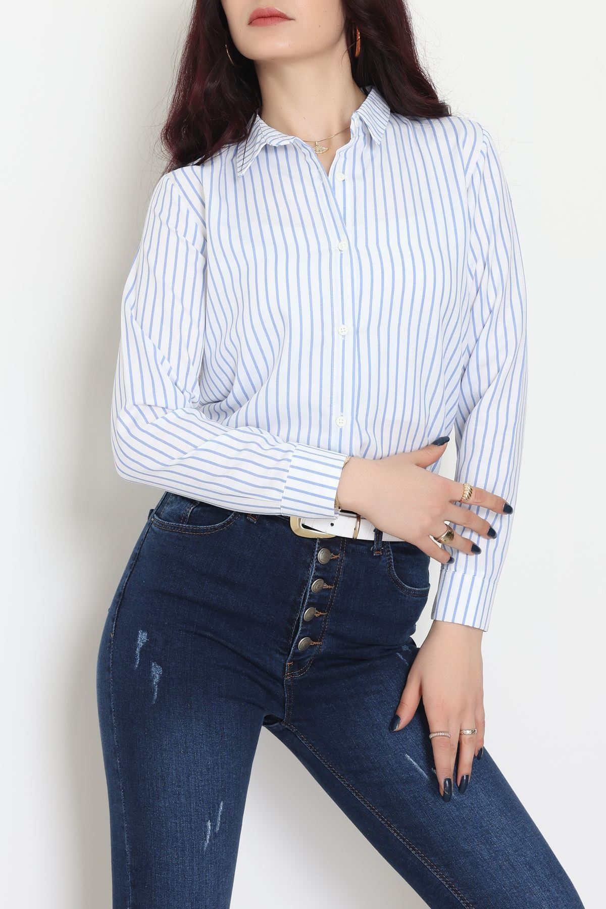 Pamuk Polyester Çizgili Gömlek Açıkmavibeyaz3 - 51064.147.