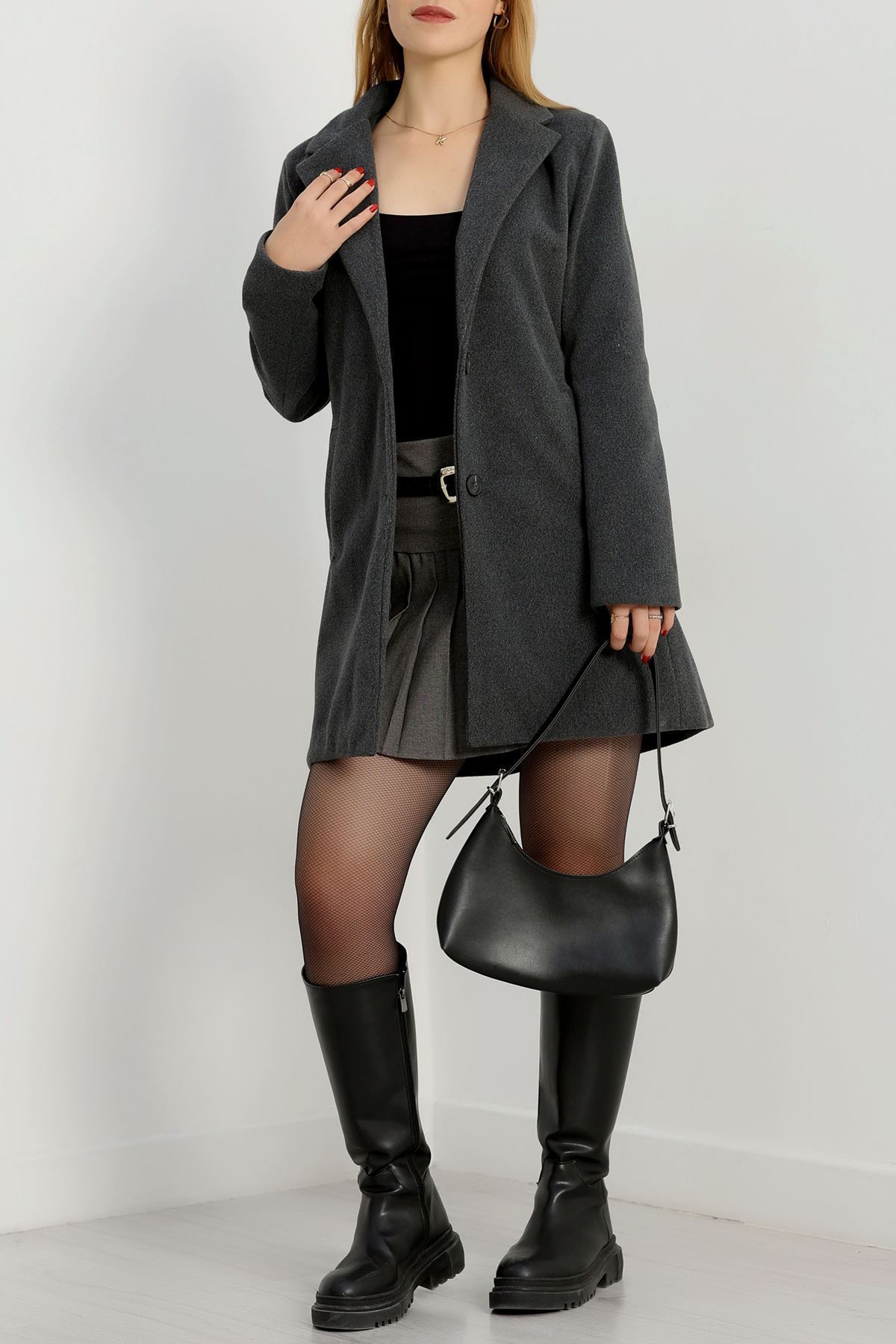 85 Cm Astarlı Kaşe Kaban Füme - 90037.1839.