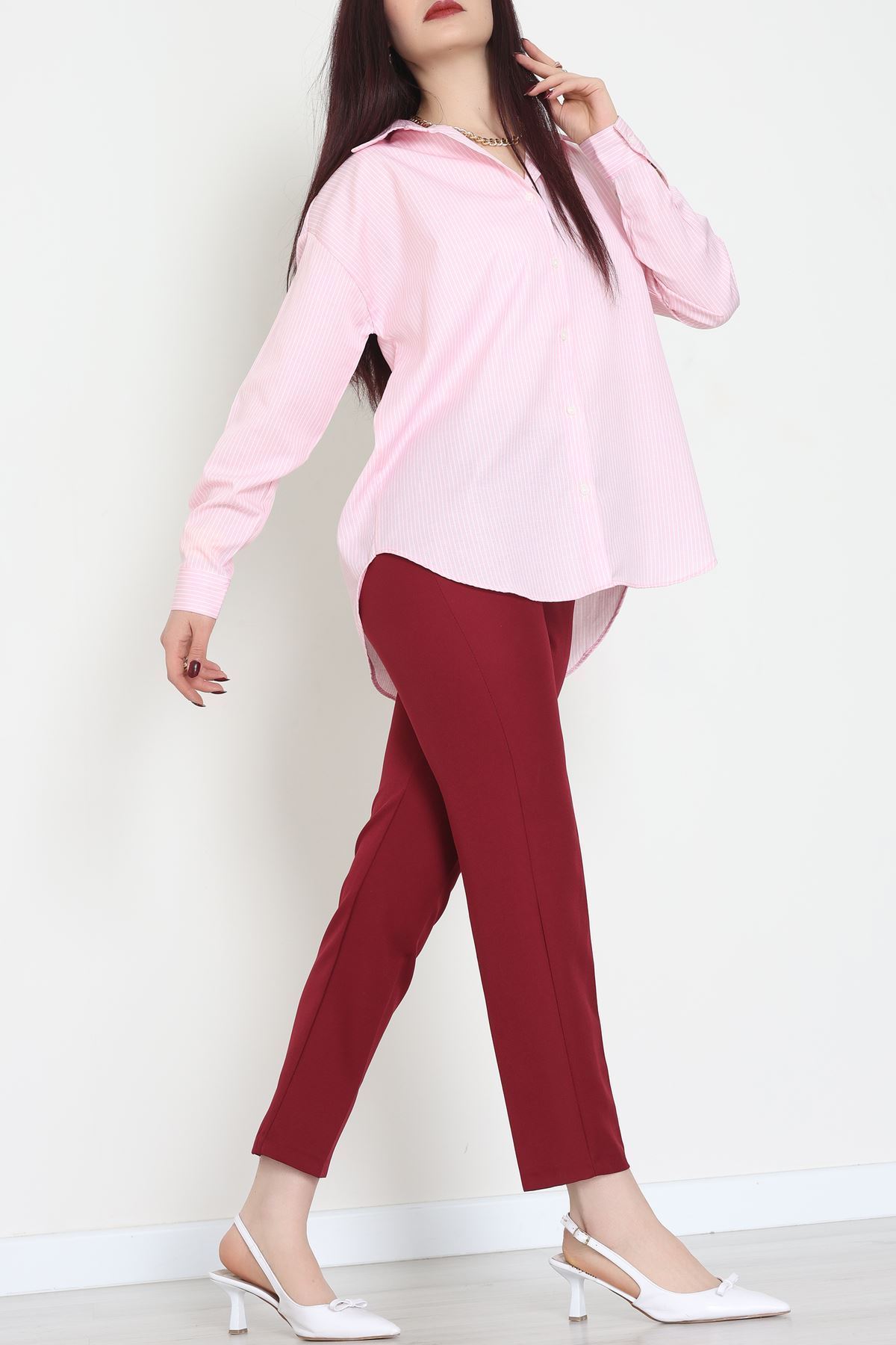 Pamuk Polyester Çizgili Oversize Gömlek Pembe - 51052.147.