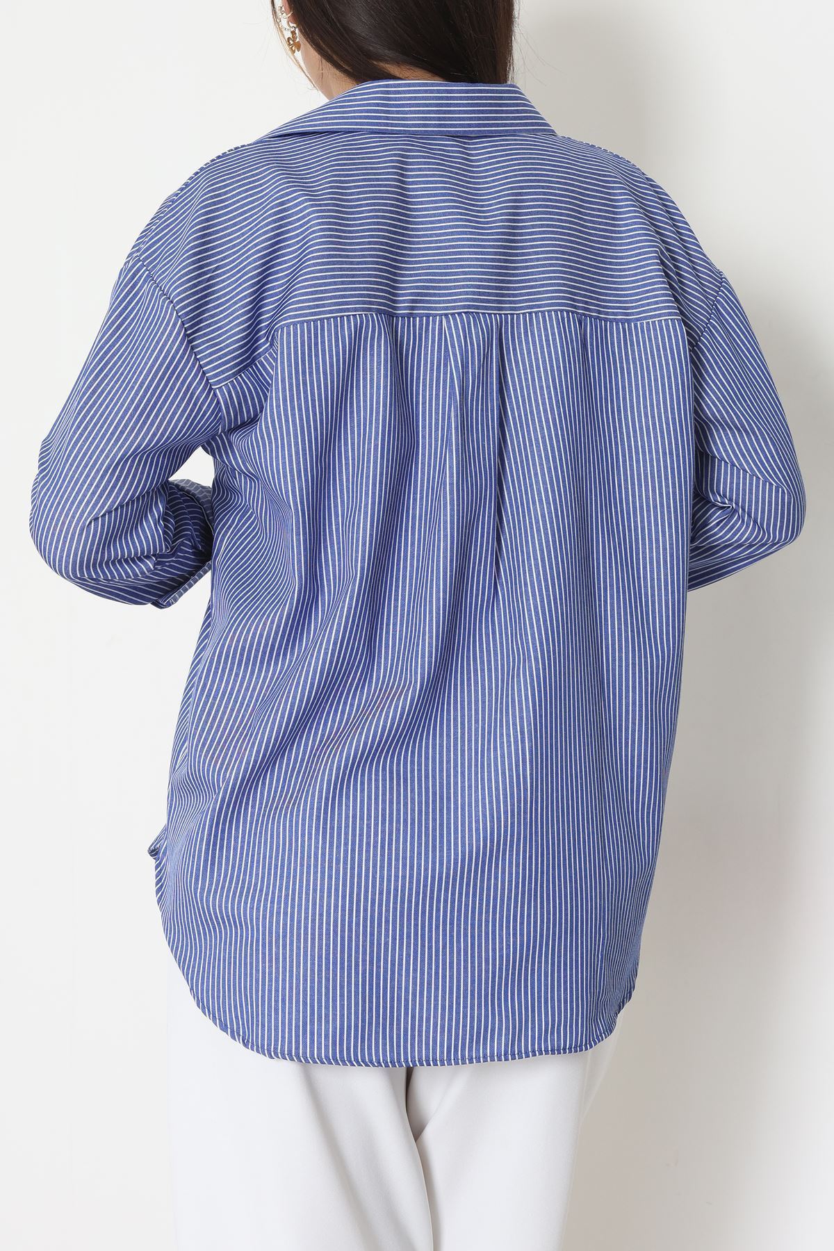Pamuk Polyester Çizgili Oversize Gömlek Koyumavi - 51052.147.