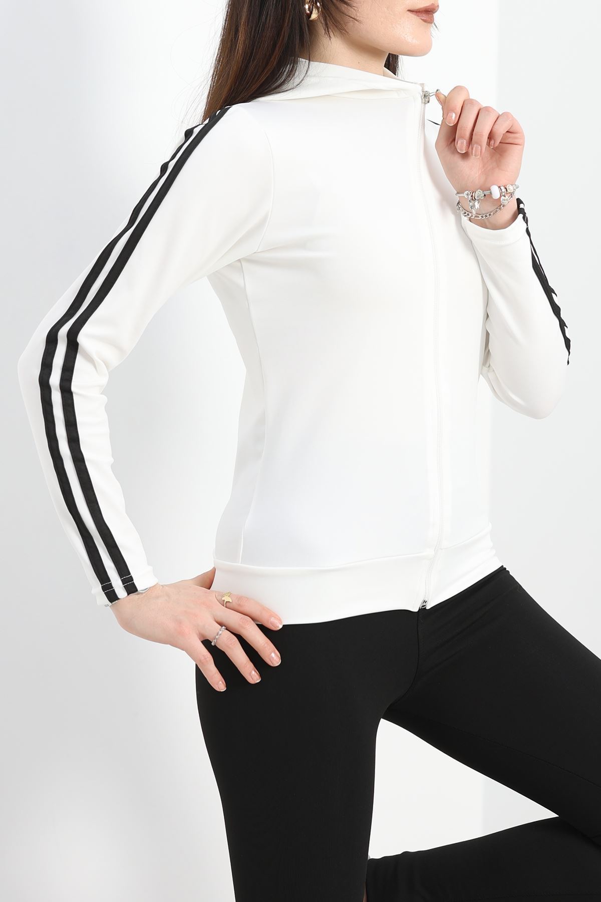 Kapşonlu Şeritli Dalgıç Ceket Ekru - 40511.053.