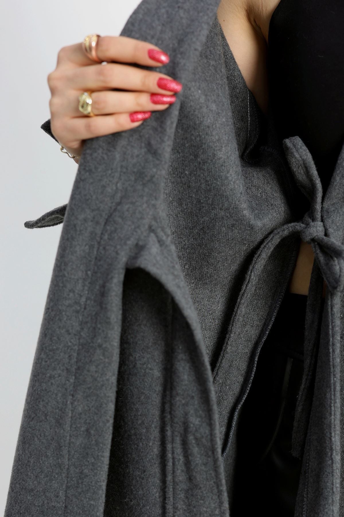 Bağlamalı Kruvaze Yaka Kaşe Ceket Antrasit - 70993.1775.