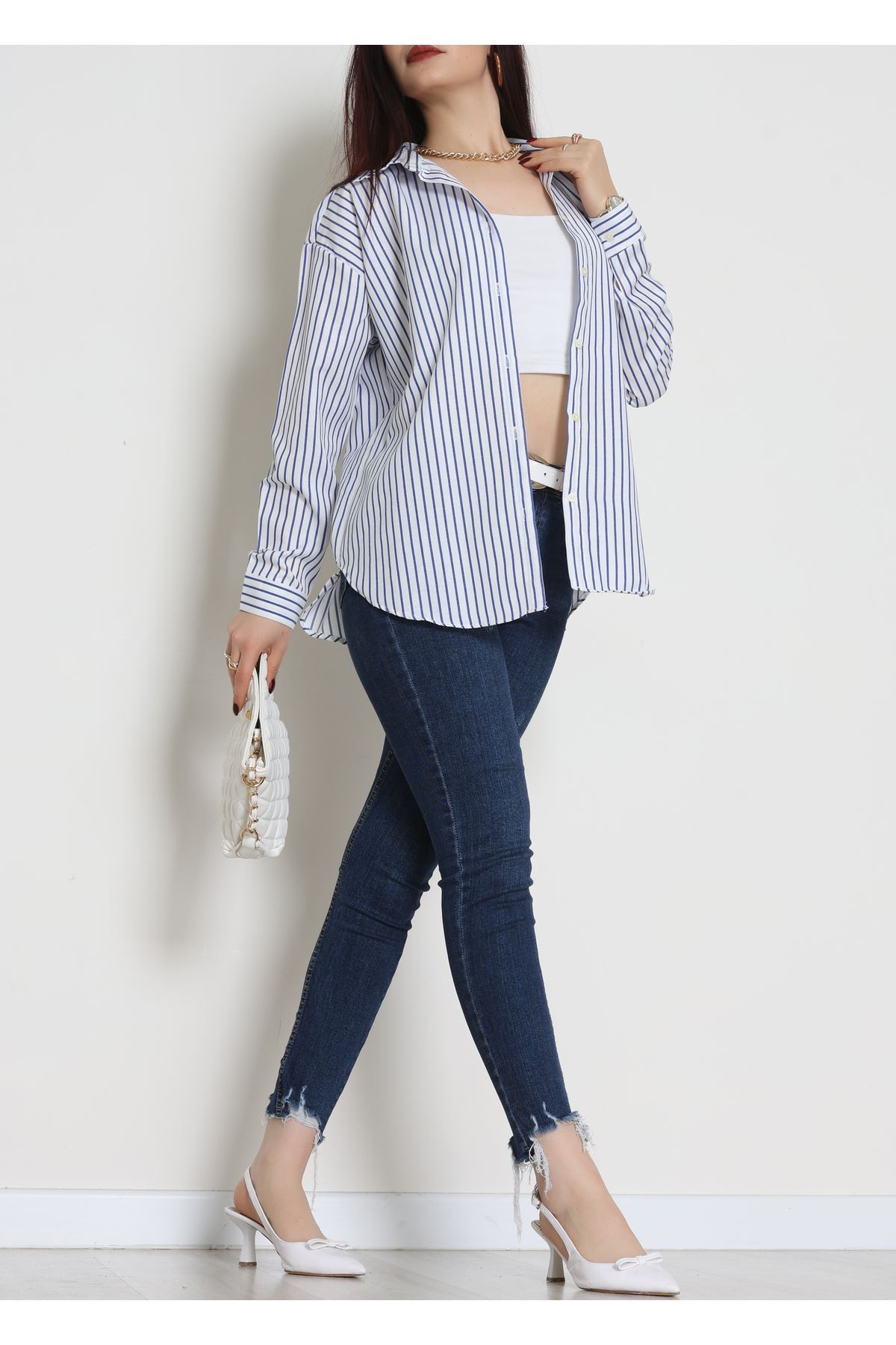 Pamuk Polyester Çizgili Oversize Gömlek Laciçizgili - 51052.147.