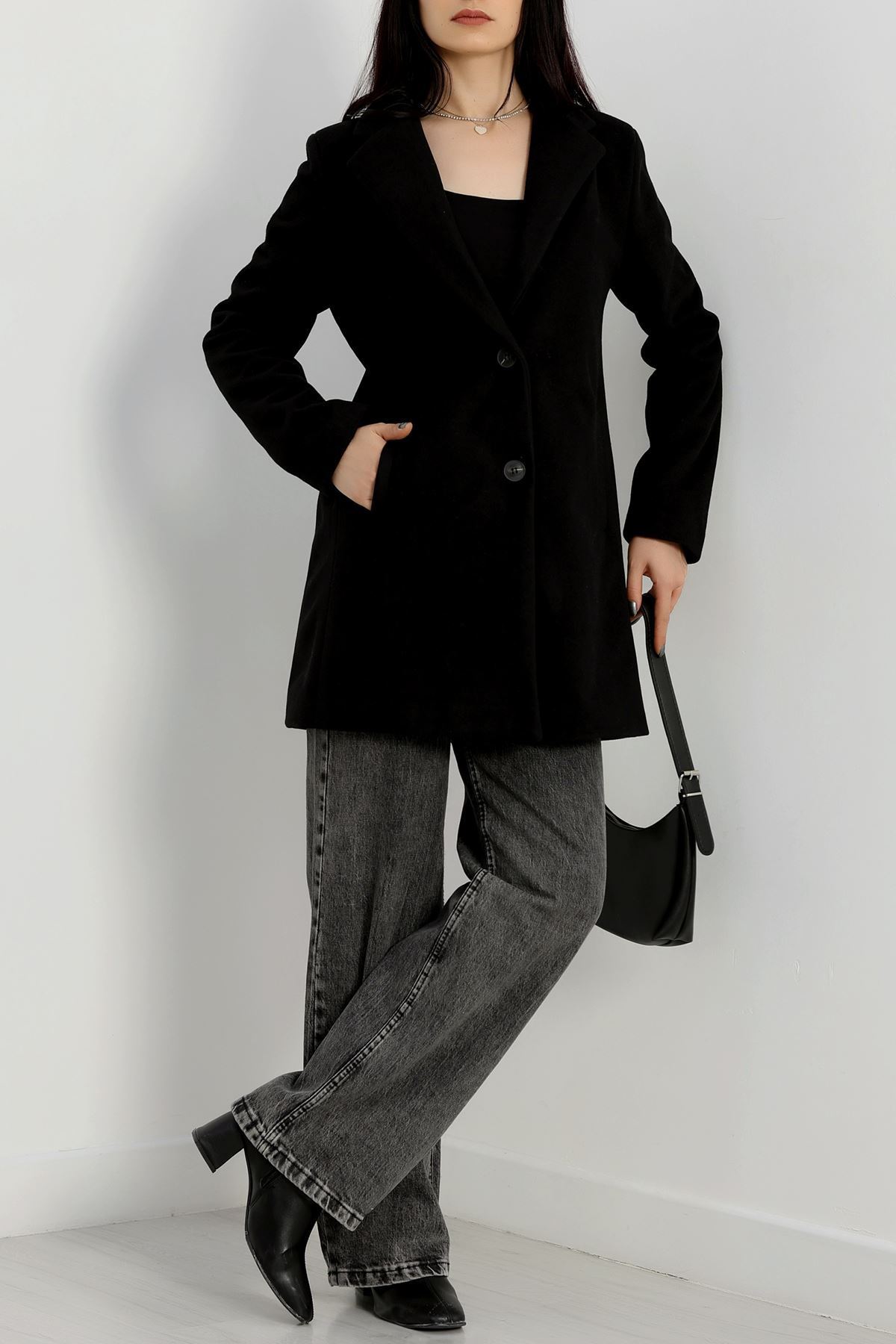 85 Cm Astarlı Kaşe Kaban Siyah - 90037.1839.