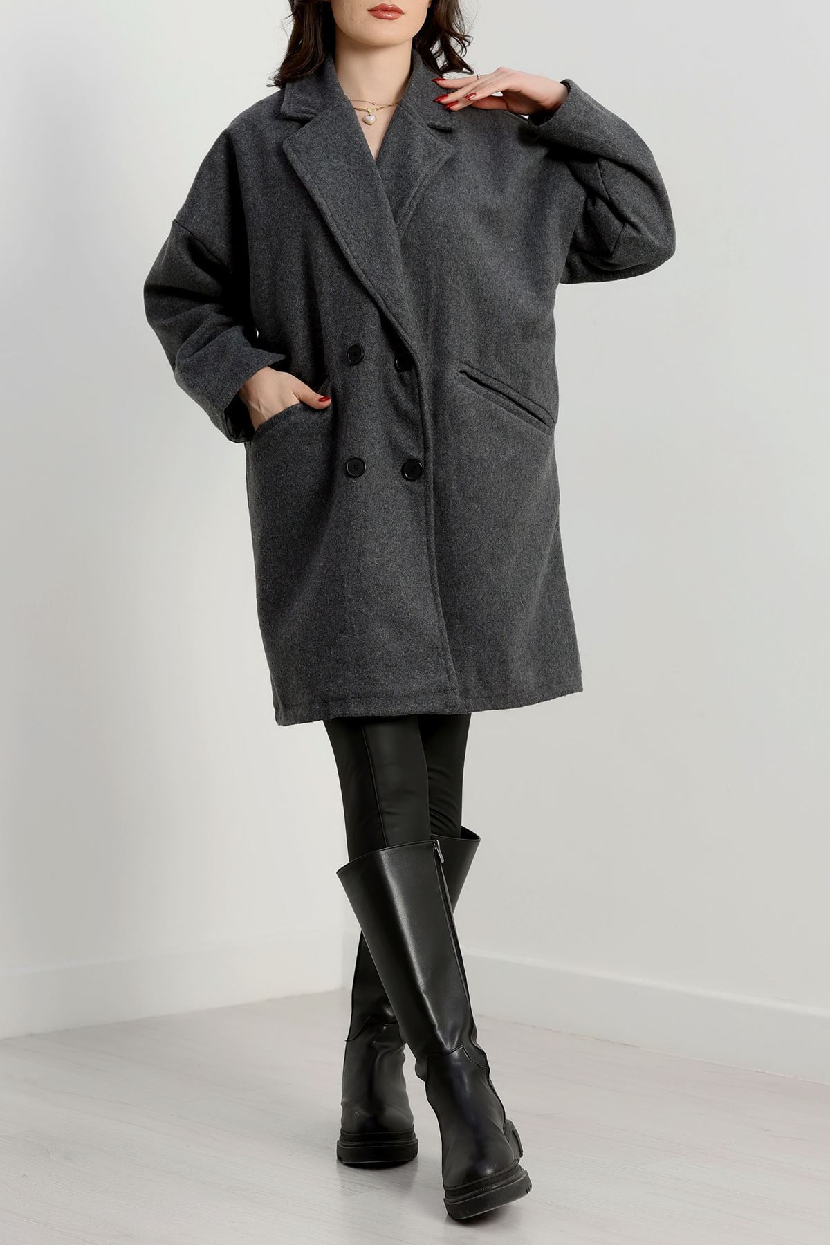 Oversize Astarlı Kaşe Kaban Füme - 31330.147.