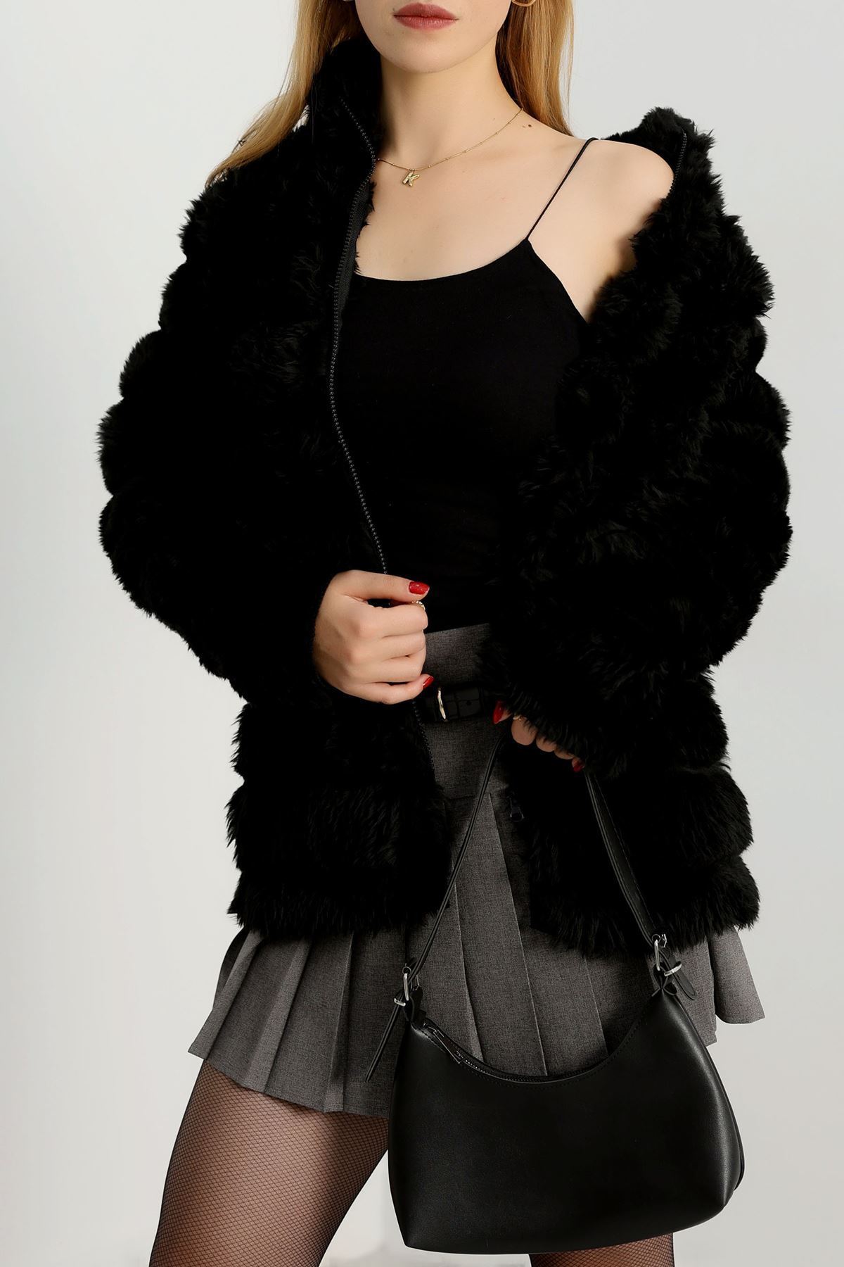 Kürk Görünümlü Peluş Ceket Siyah - 80877.107.