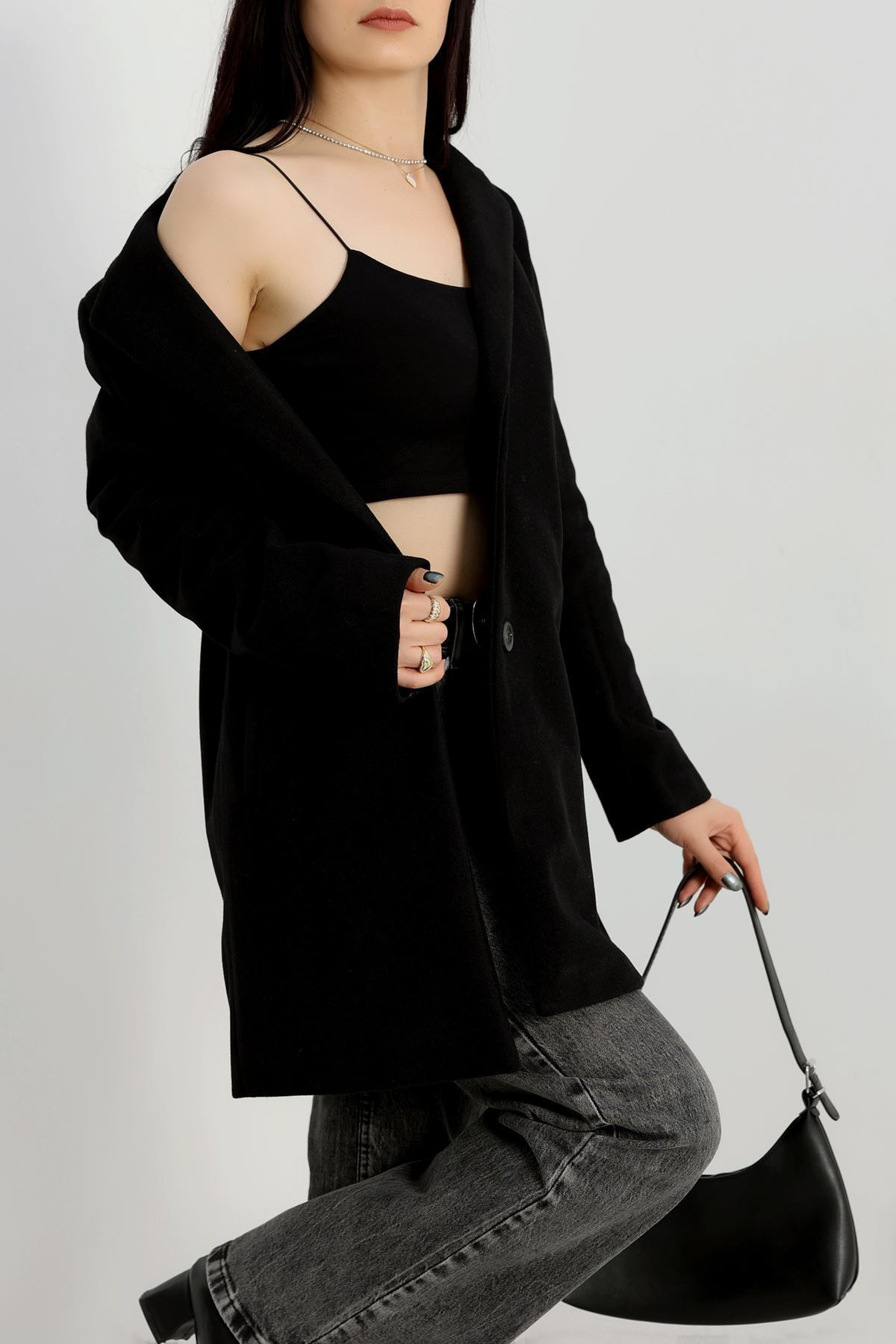 85 Cm Astarlı Kaşe Kaban Siyah - 90037.1839.