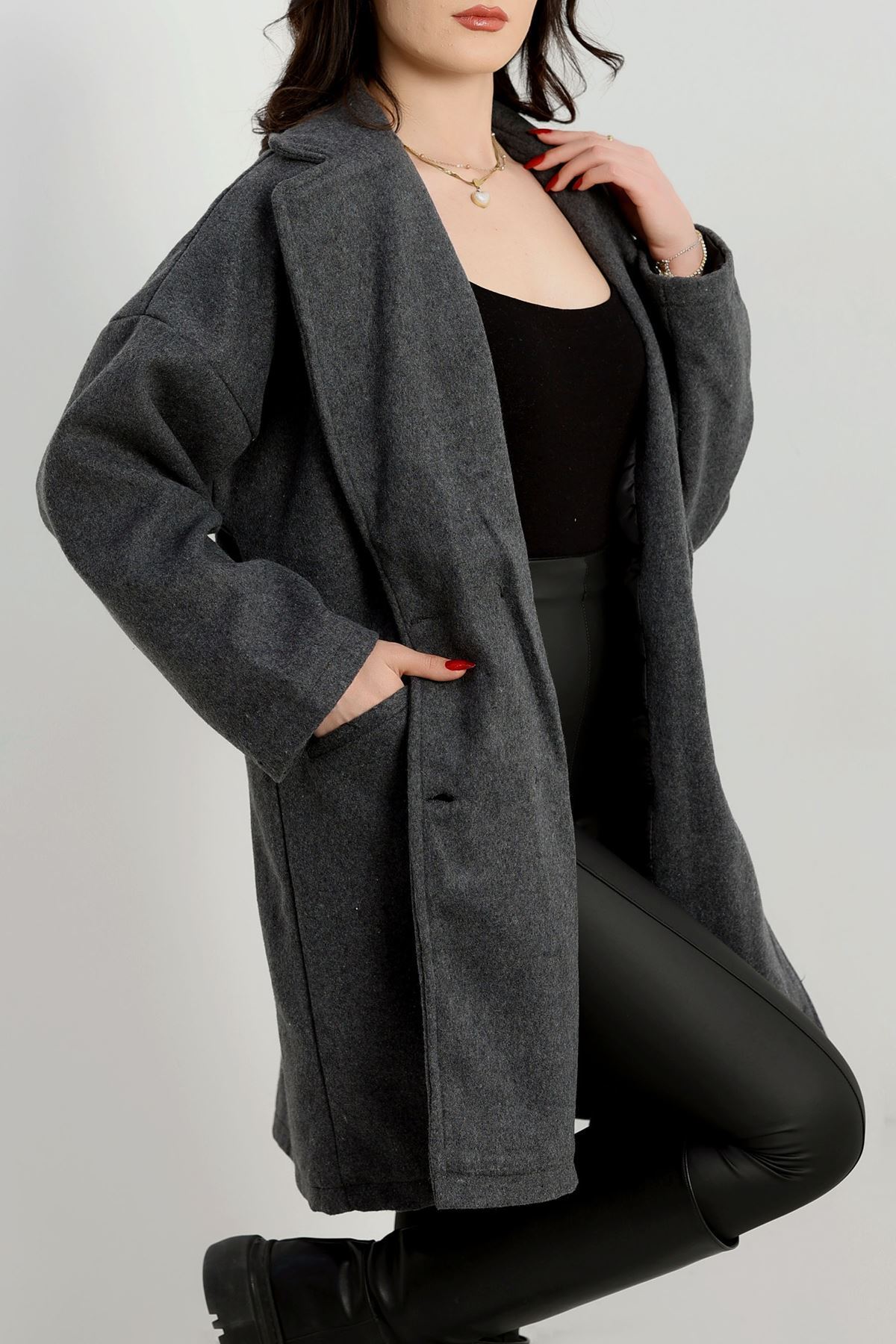 Oversize Astarlı Kaşe Kaban Füme - 31330.147.