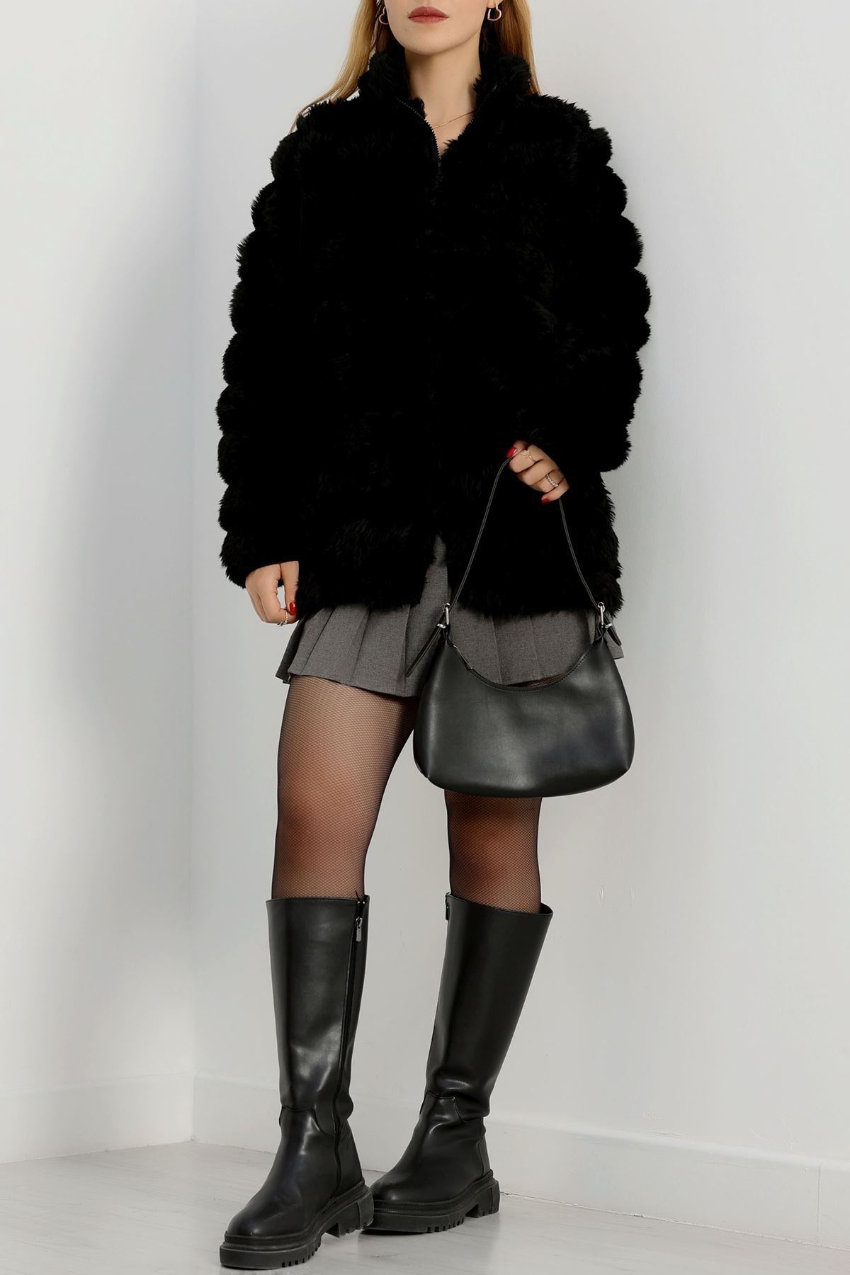 Kürk Görünümlü Peluş Ceket Siyah - 80877.107.