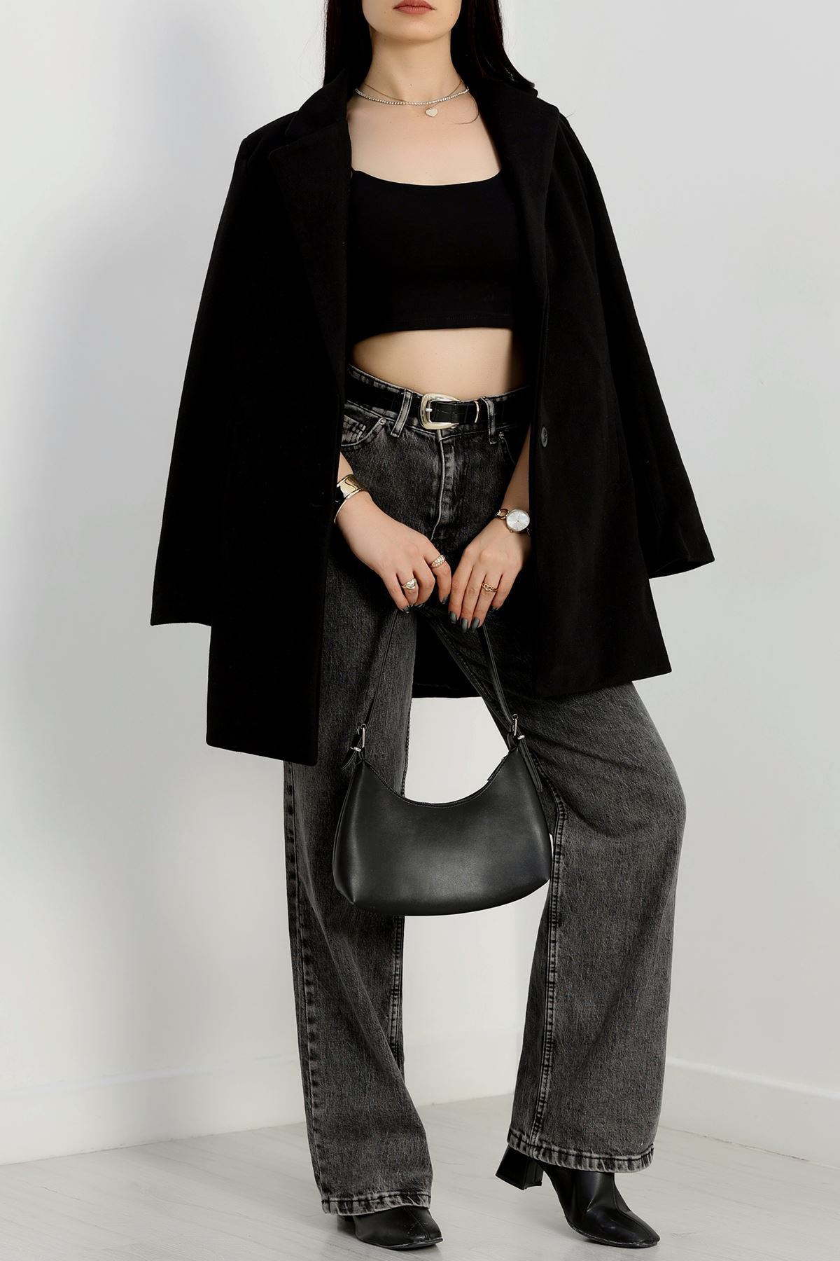 85 Cm Astarlı Kaşe Kaban Siyah - 90037.1839.