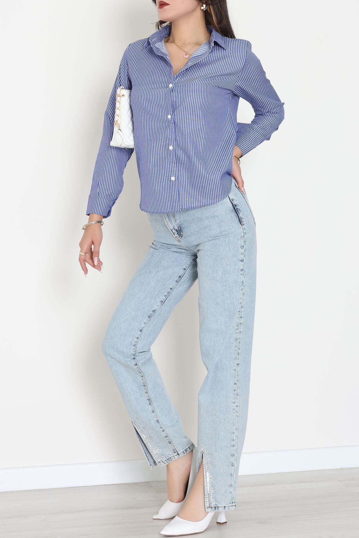 Pamuk Polyester Çizgili Gömlek Açıkmavibeyaz1 - 51064.147.