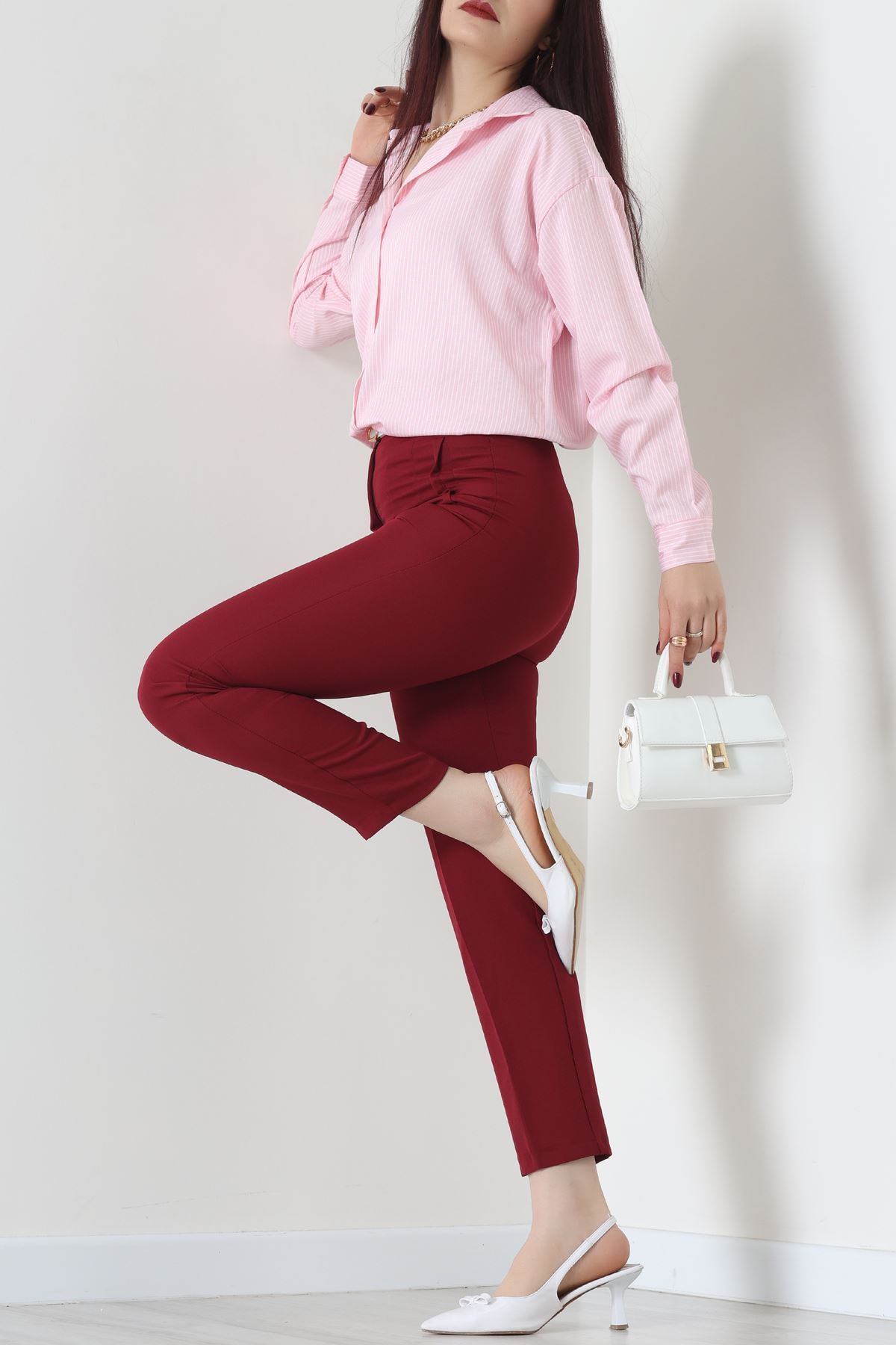 Pamuk Polyester Çizgili Oversize Gömlek Pembe - 51052.147.