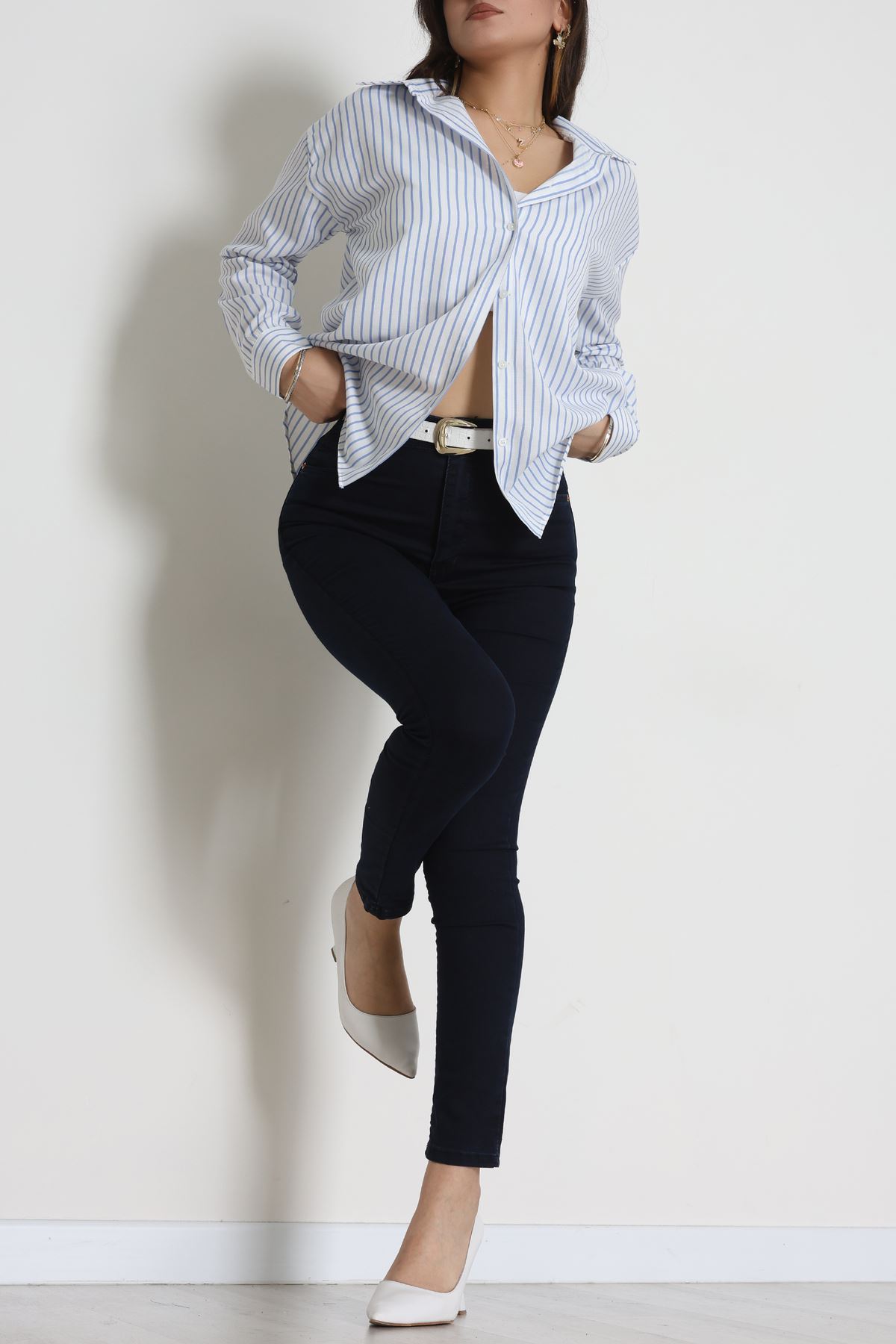 Pamuk Polyester Çizgili Oversize Gömlek Beyazmavi - 51052.147.