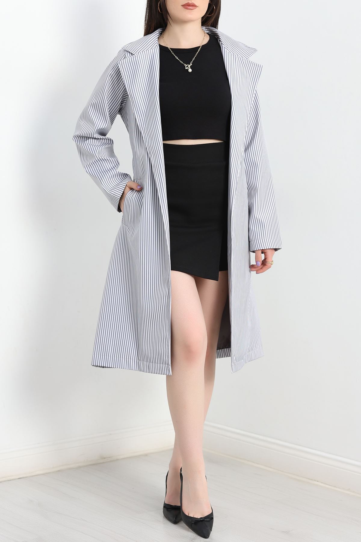 Kuşaklı Bondit Trençkot Griçizgili - 7574.179.