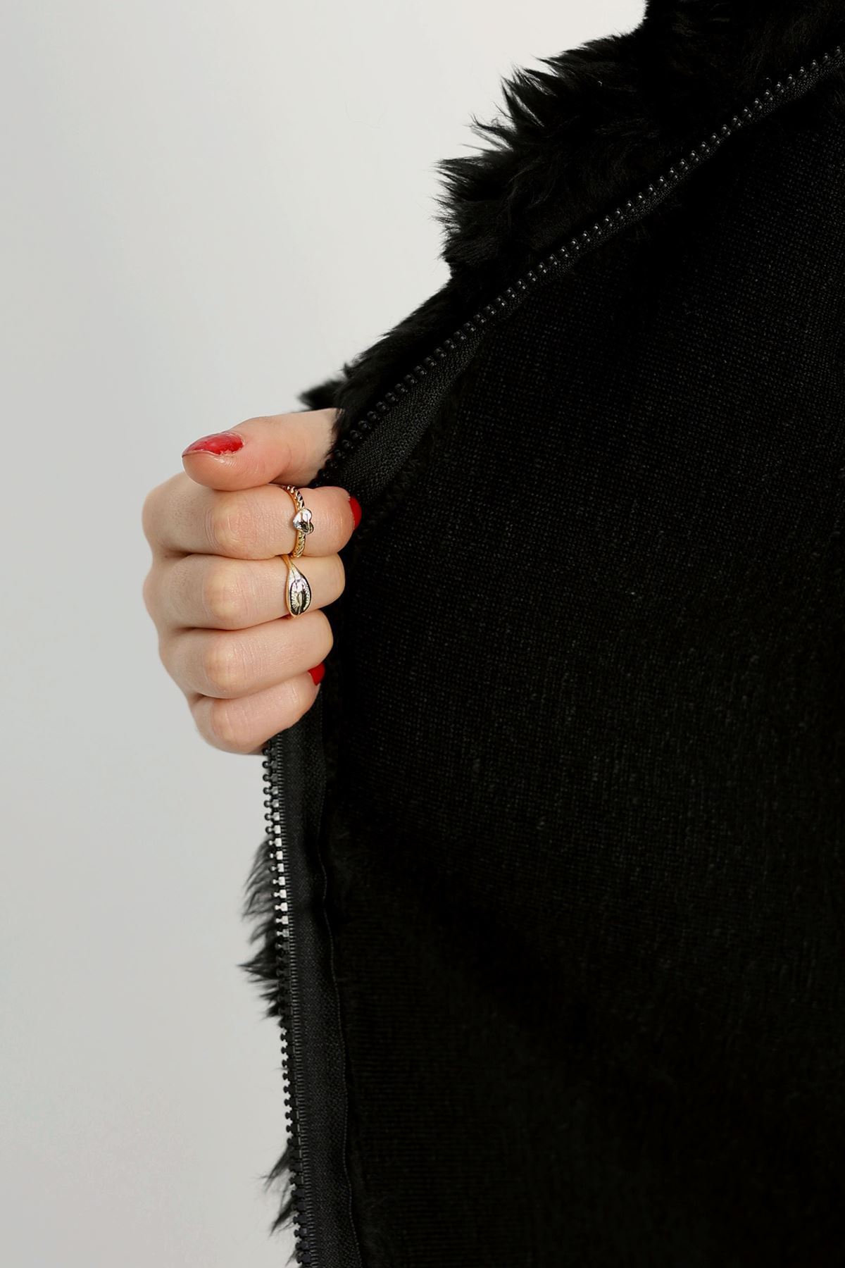 Kürk Görünümlü Peluş Ceket Siyah - 80877.107.