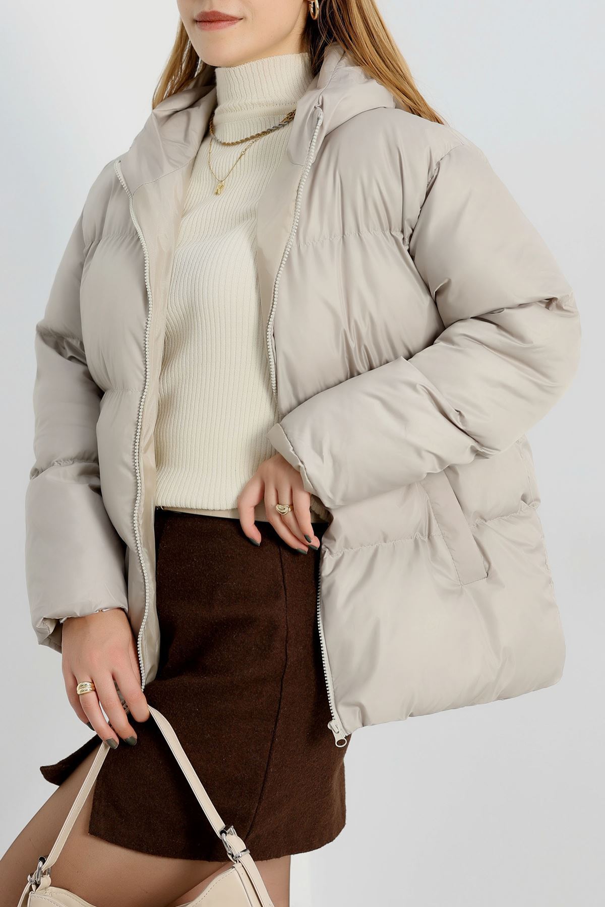 Kapşonlu Şişme Mont Taş - 19191.1839.