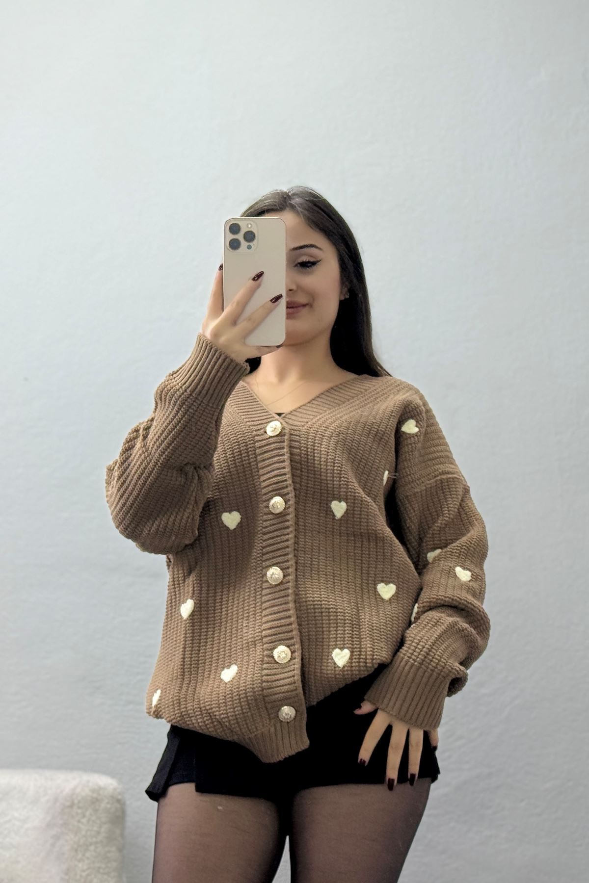 Nakışlı Kalpli Hırka Mochalatte - 444.1577.