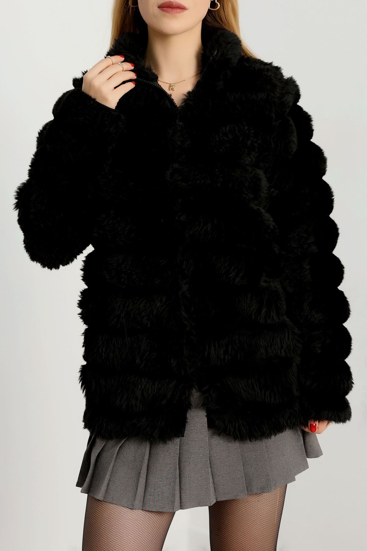 Kürk Görünümlü Peluş Ceket Siyah - 80877.107.