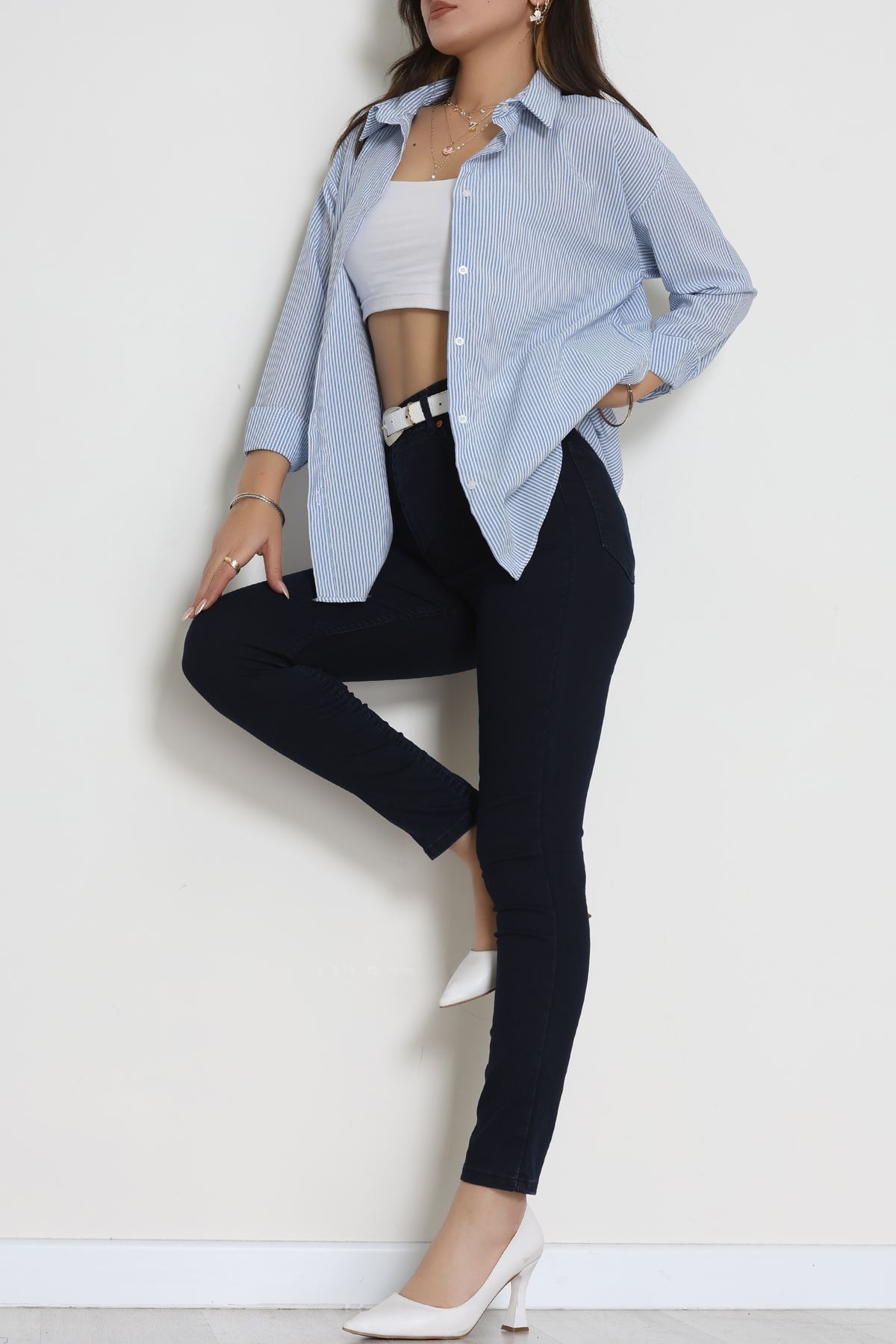 Pamuk Polyester Çizgili Oversize Gömlek Mavibeyaz1 - 51052.147.