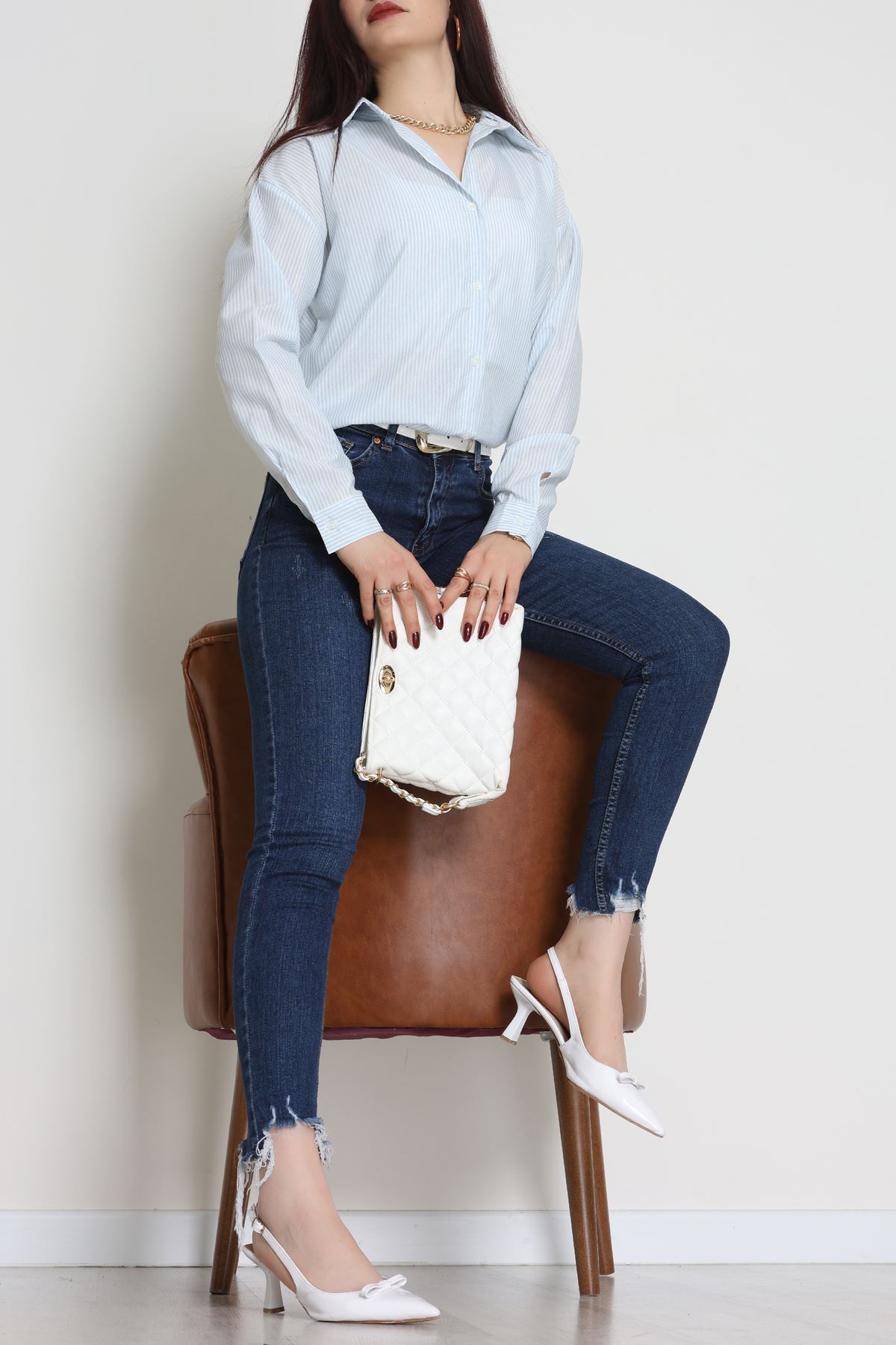 Pamuk Polyester Çizgili Oversize Gömlek Bebemavi - 51052.147.