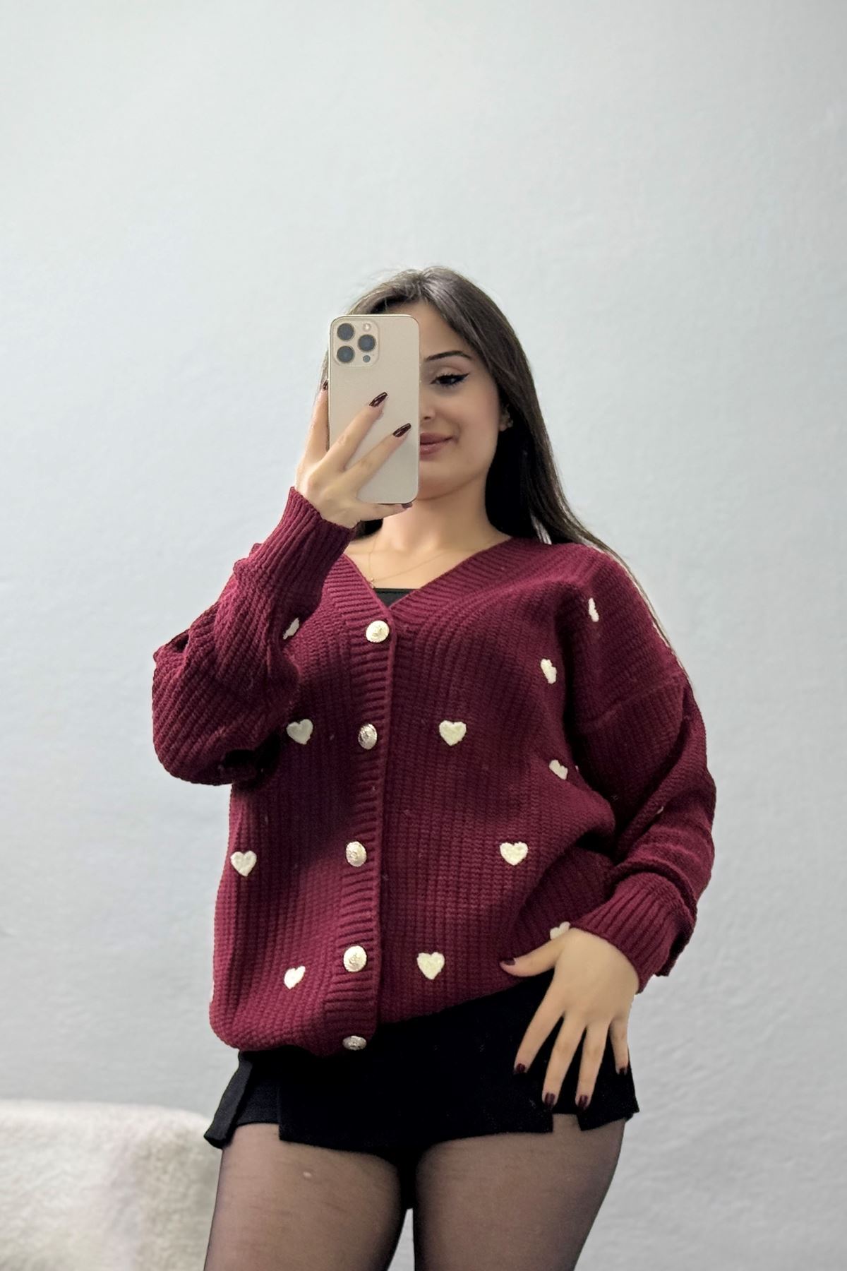 Nakışlı Kalpli Hırka Bordolatte - 444.1577.