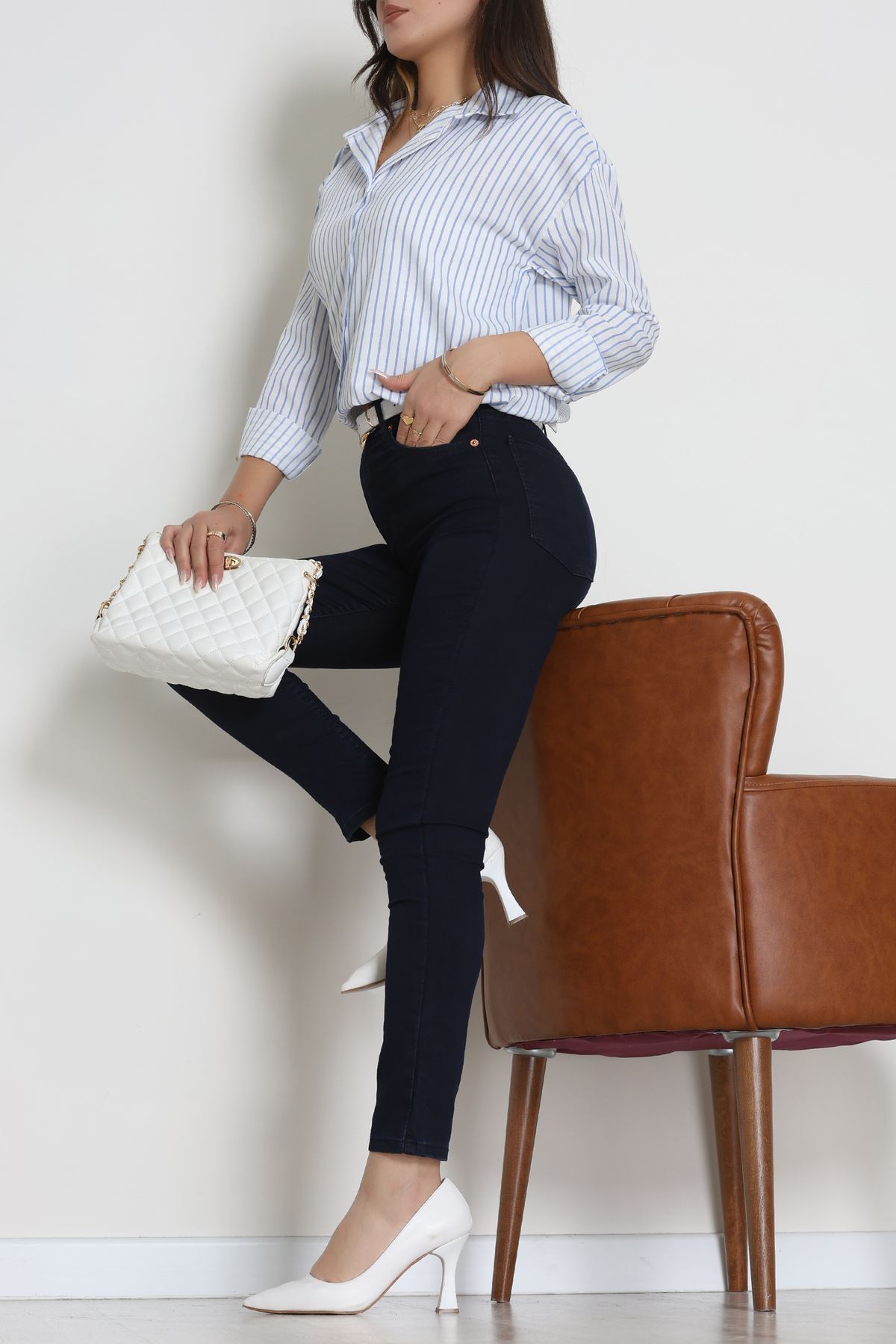 Pamuk Polyester Çizgili Oversize Gömlek Beyazmavi - 51052.147.