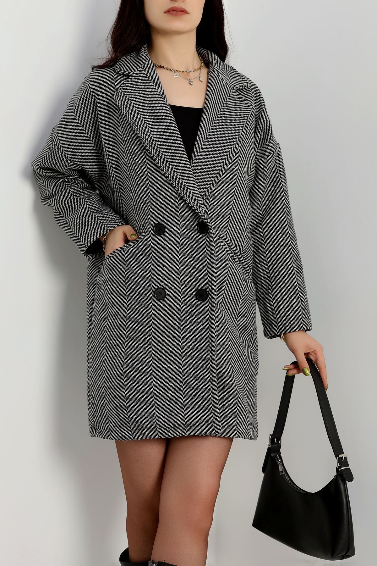 Oversize Astarlı Kaşe Kaban Griçizgili - 31330.147.