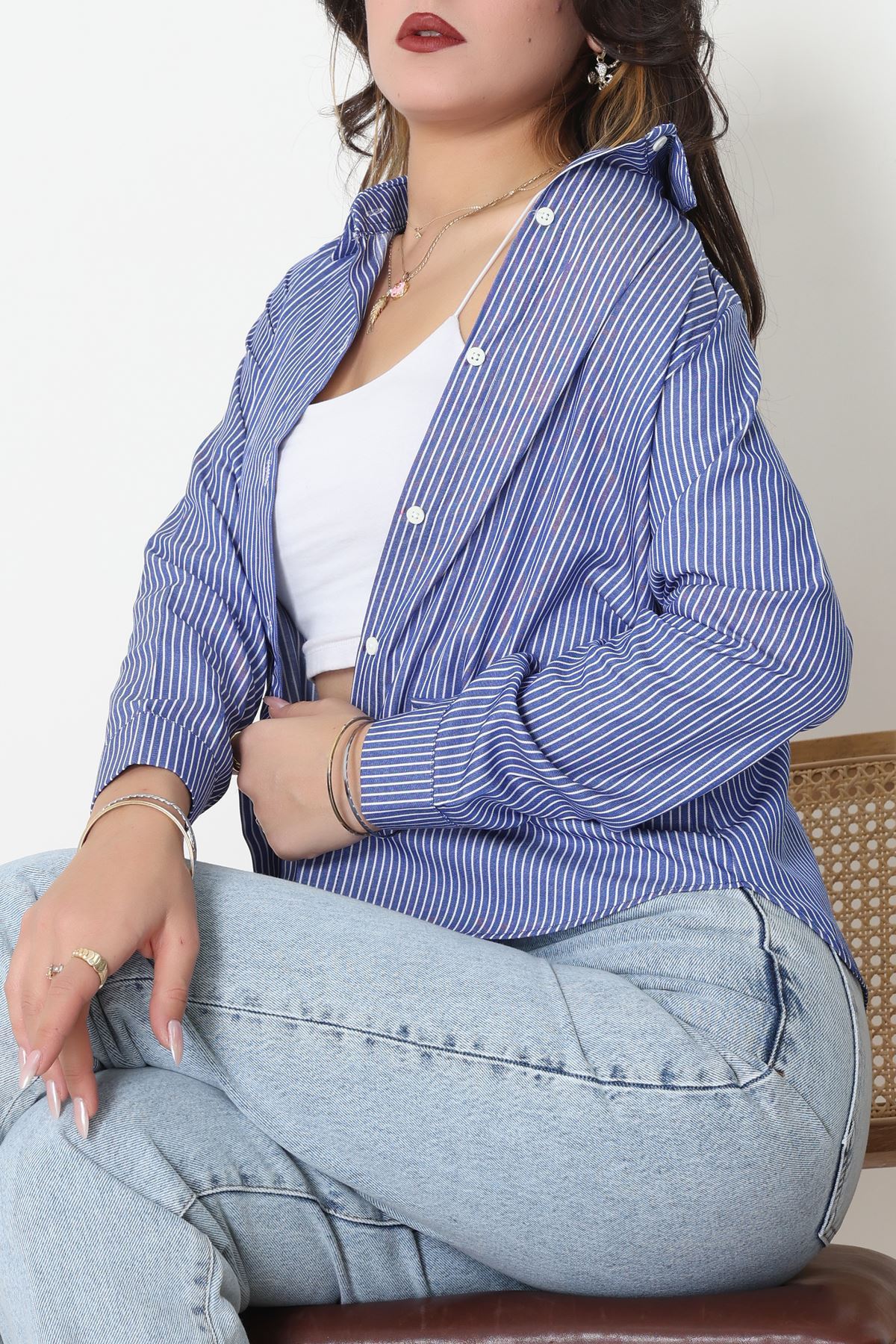 Pamuk Polyester Çizgili Gömlek Açıkmavibeyaz1 - 51064.147.