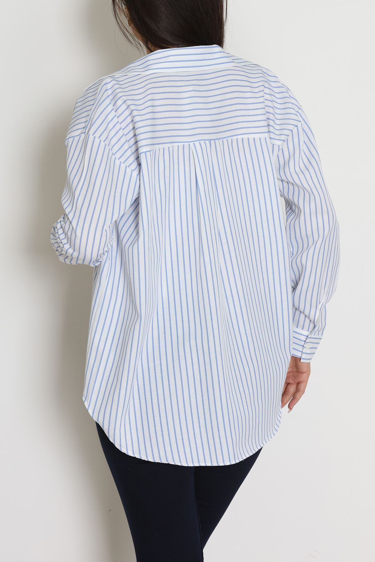 Pamuk Polyester Çizgili Oversize Gömlek Beyazmavi - 51052.147.