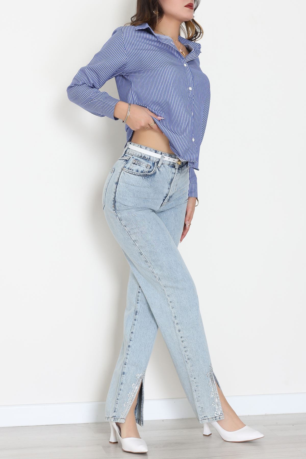 Pamuk Polyester Çizgili Gömlek Açıkmavibeyaz1 - 51064.147.