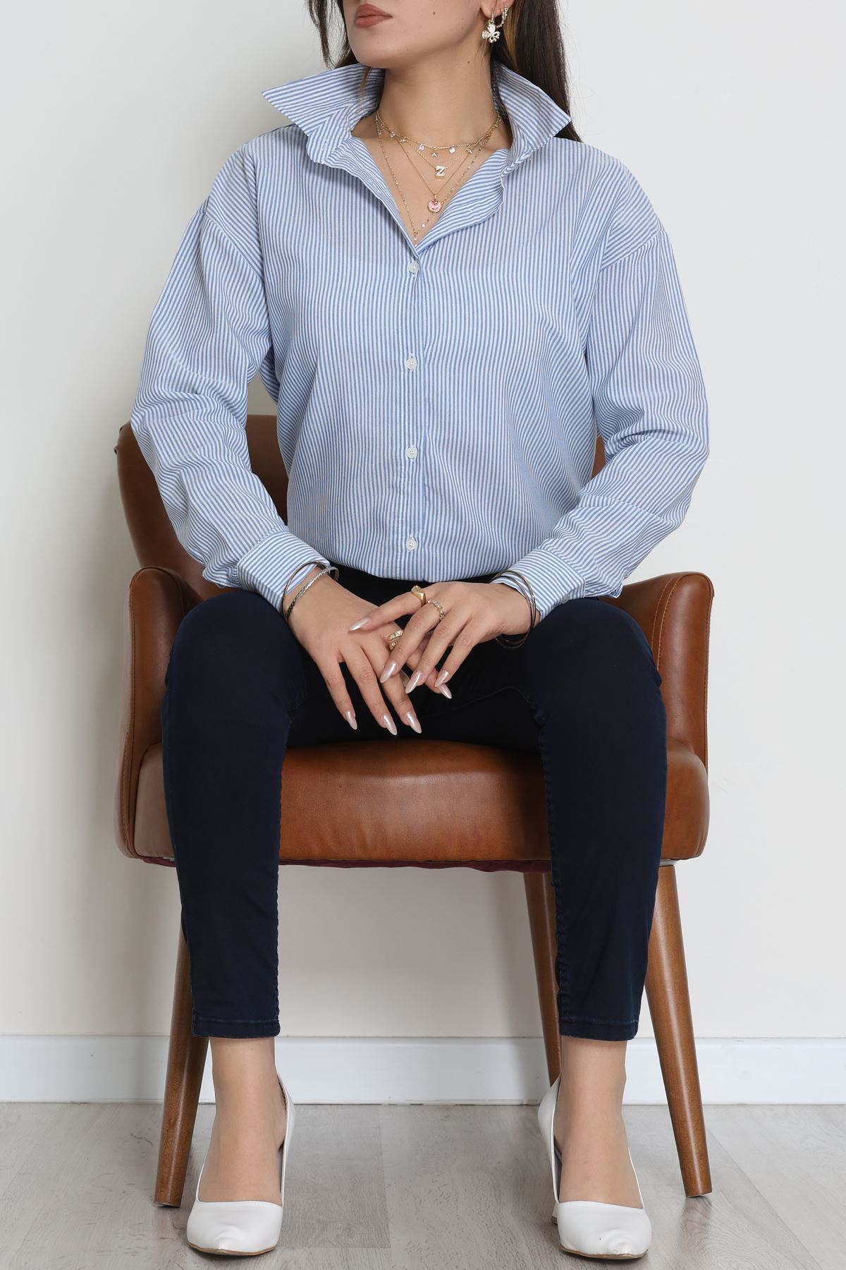 Pamuk Polyester Çizgili Oversize Gömlek Mavibeyaz1 - 51052.147.