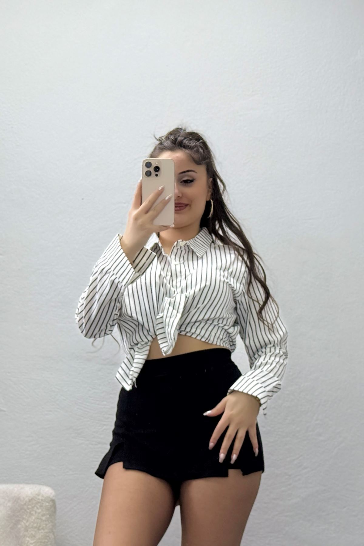 Pamuk Polyester Çizgili Gömlek Beyazsiyah - 51064.147.