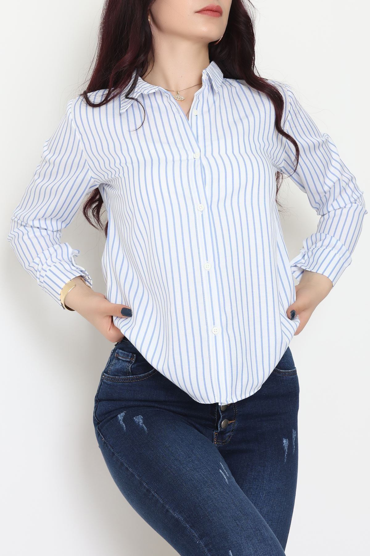 Pamuk Polyester Çizgili Gömlek Açıkmavibeyaz3 - 51064.147.