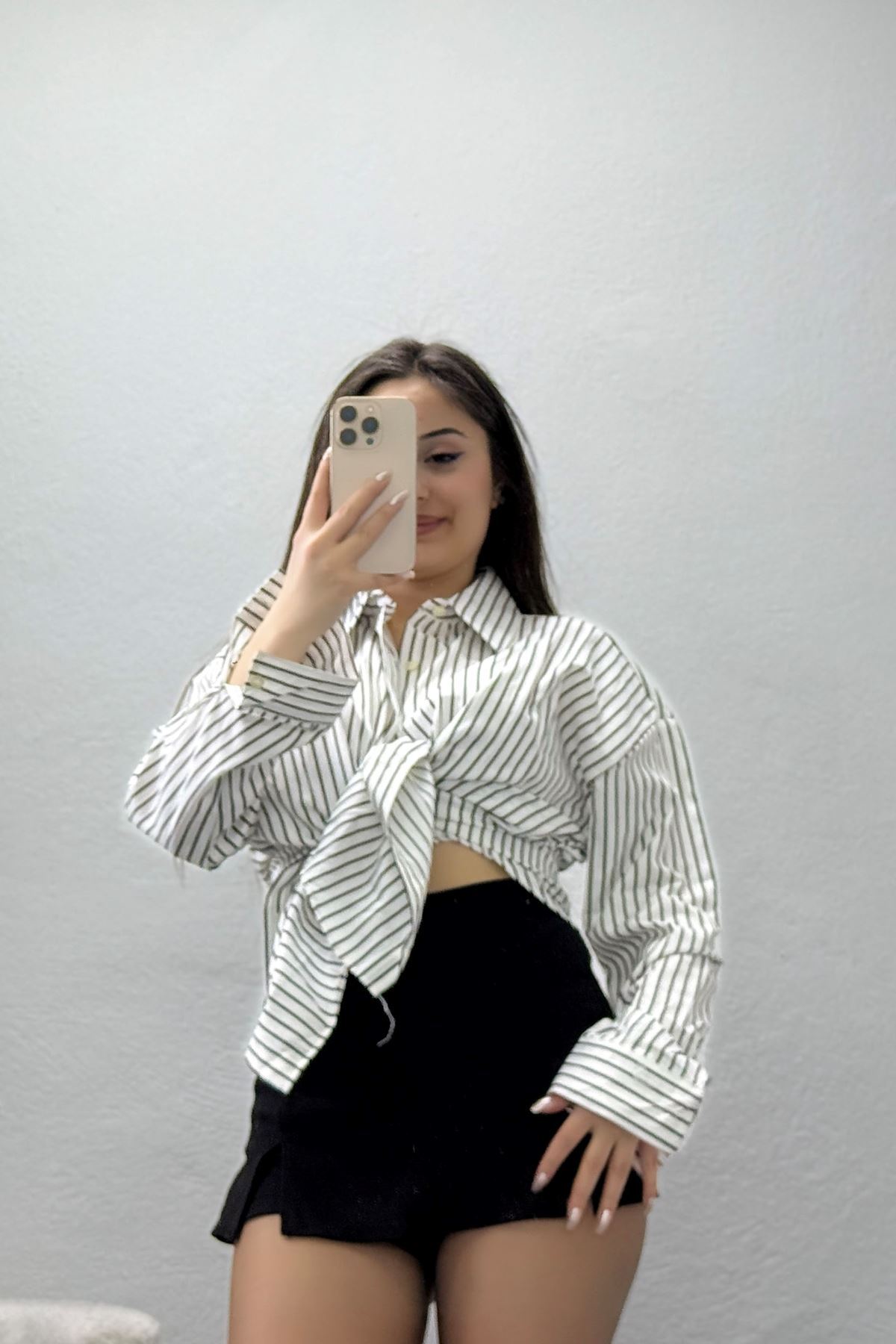 Pamuk Polyester Çizgili Oversize Gömlek Beyazsiyah - 51052.147.