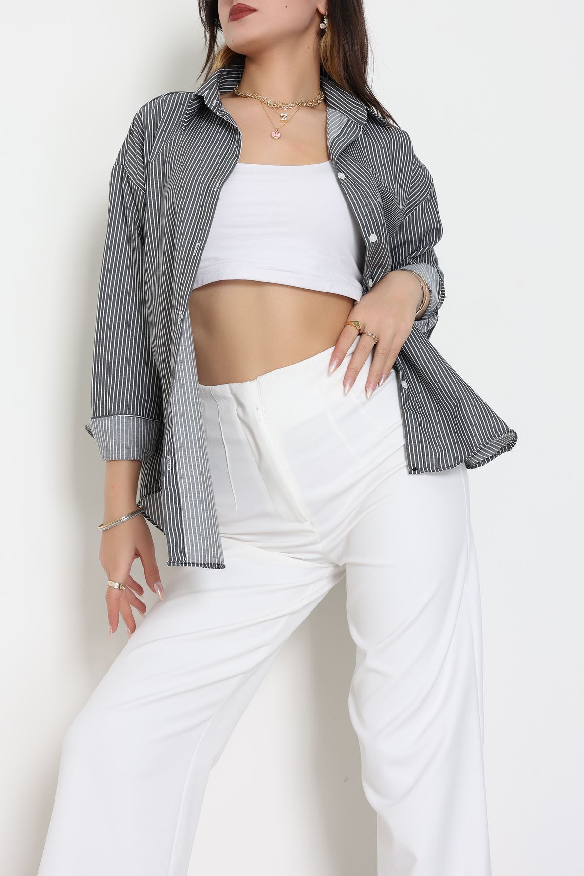 Pamuk Polyester Çizgili Oversize Gömlek Füme - 51052.147.