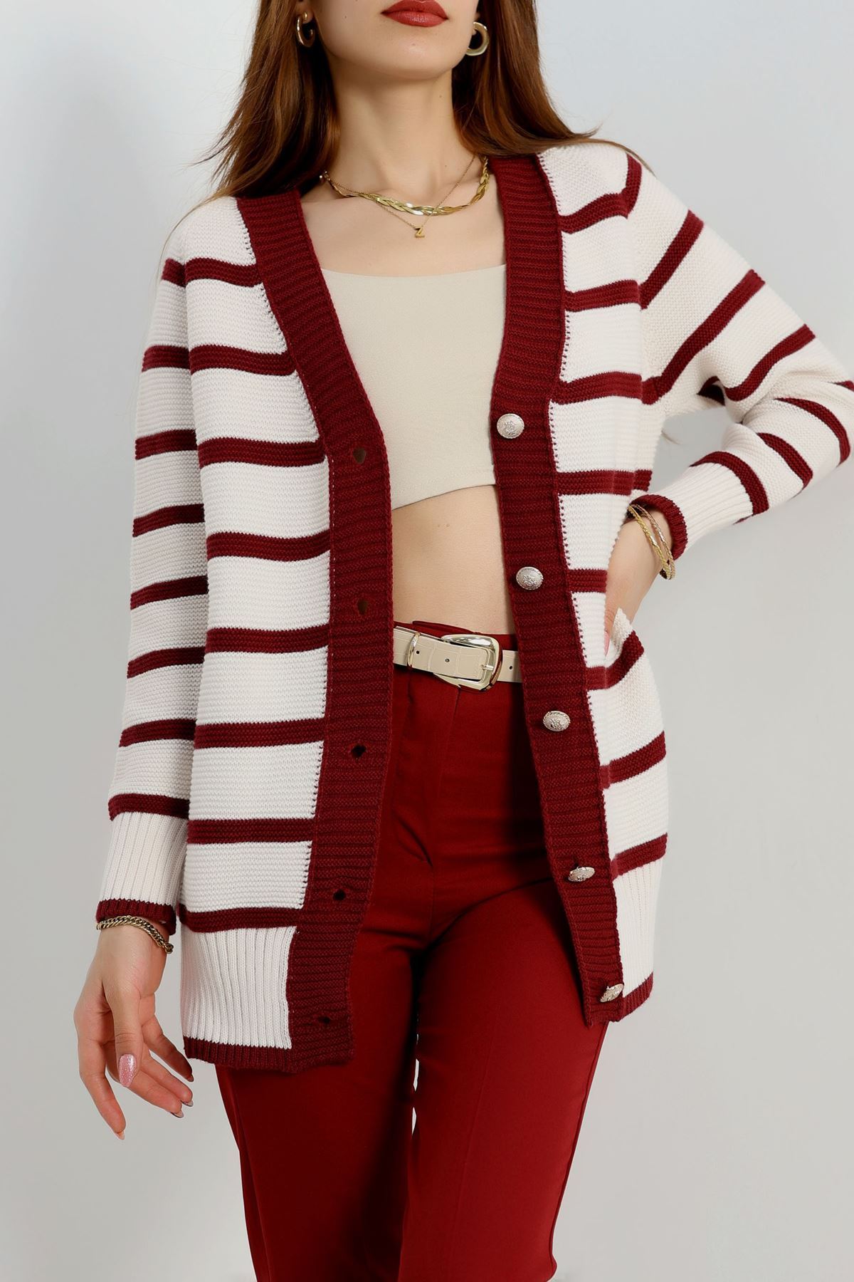 Düğmeli Çizgili Hırka Lattebordo - 4035.1577.