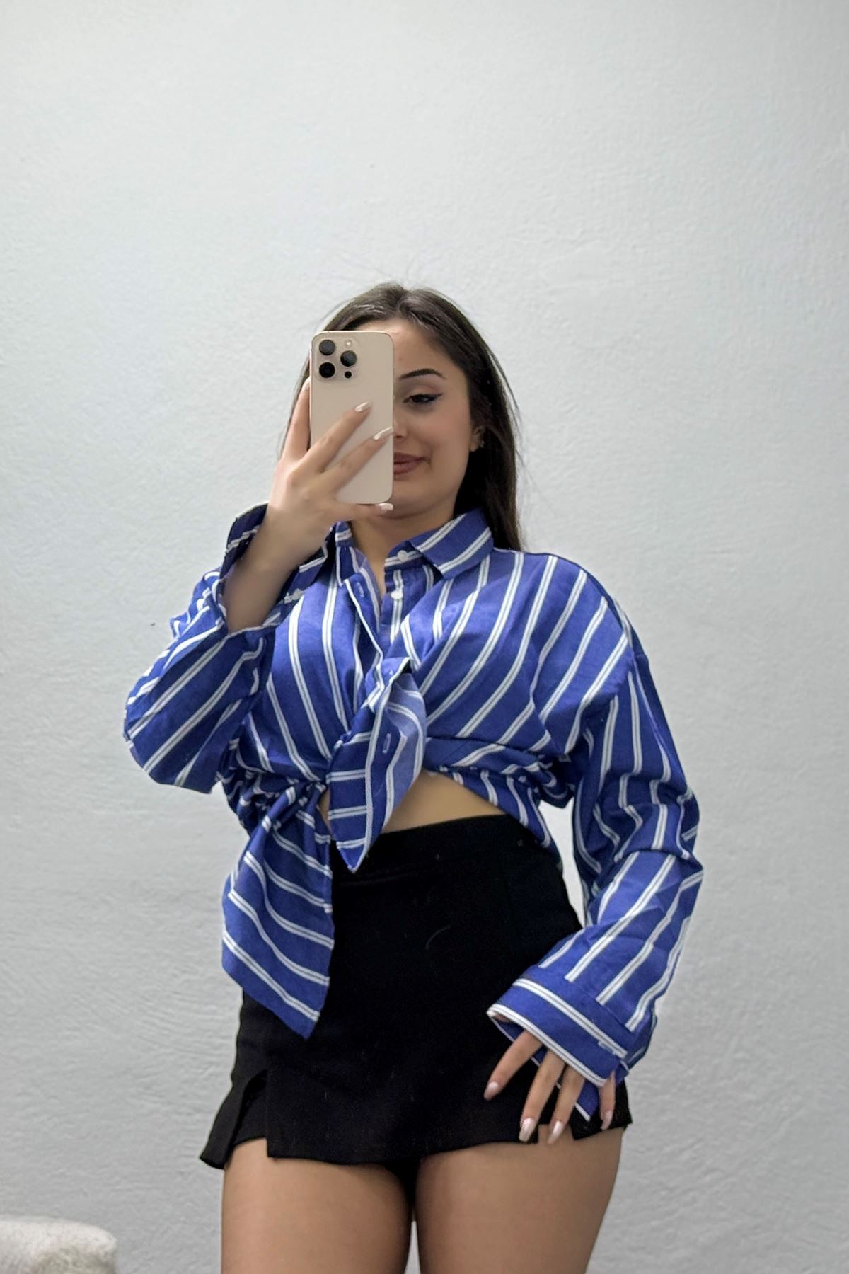 Pamuk Polyester Çizgili Oversize Gömlek Koyumavi1 - 51052.147.